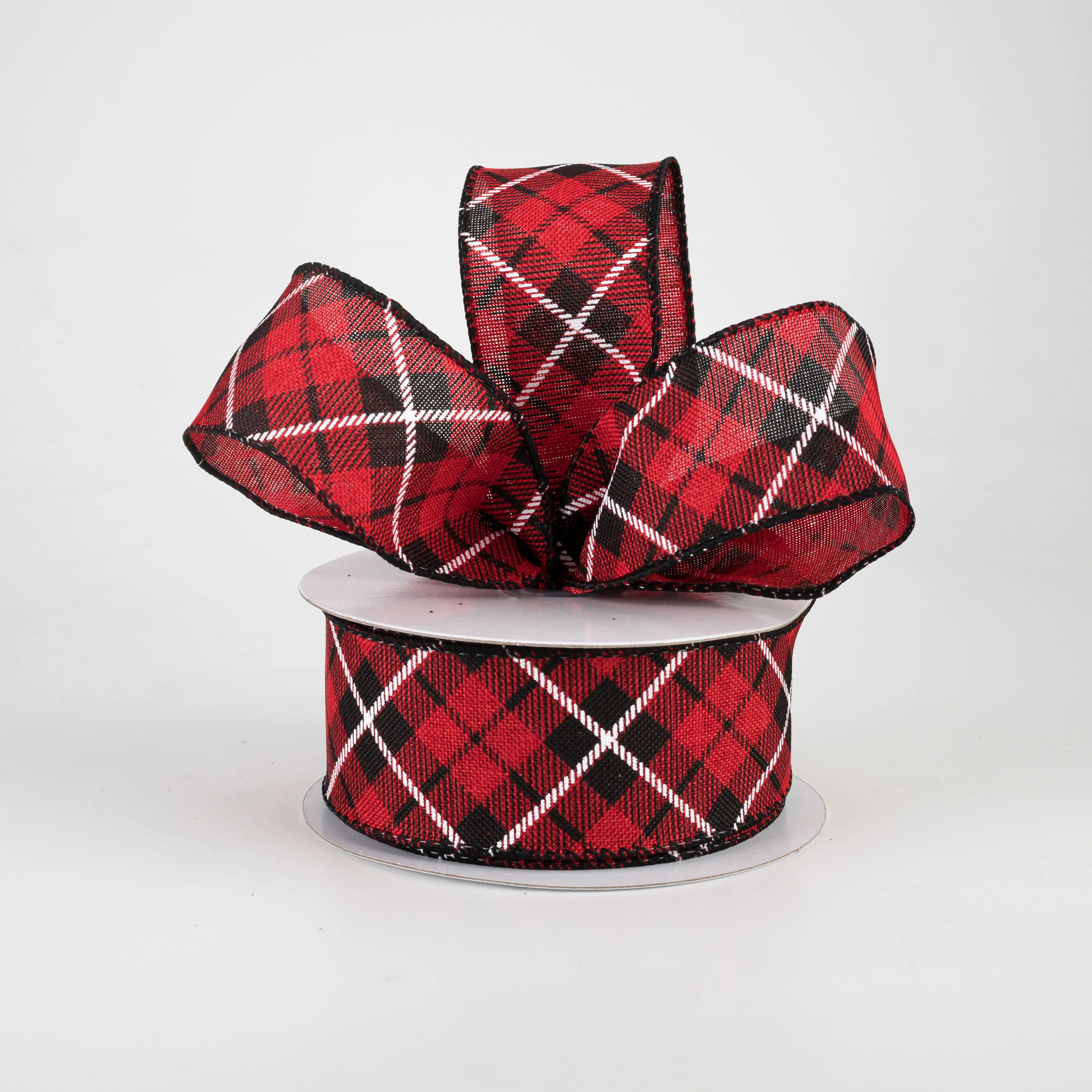 1.5" Diagonal Argyle Plaid Ribbon: Red, Black, White (10 Yards)