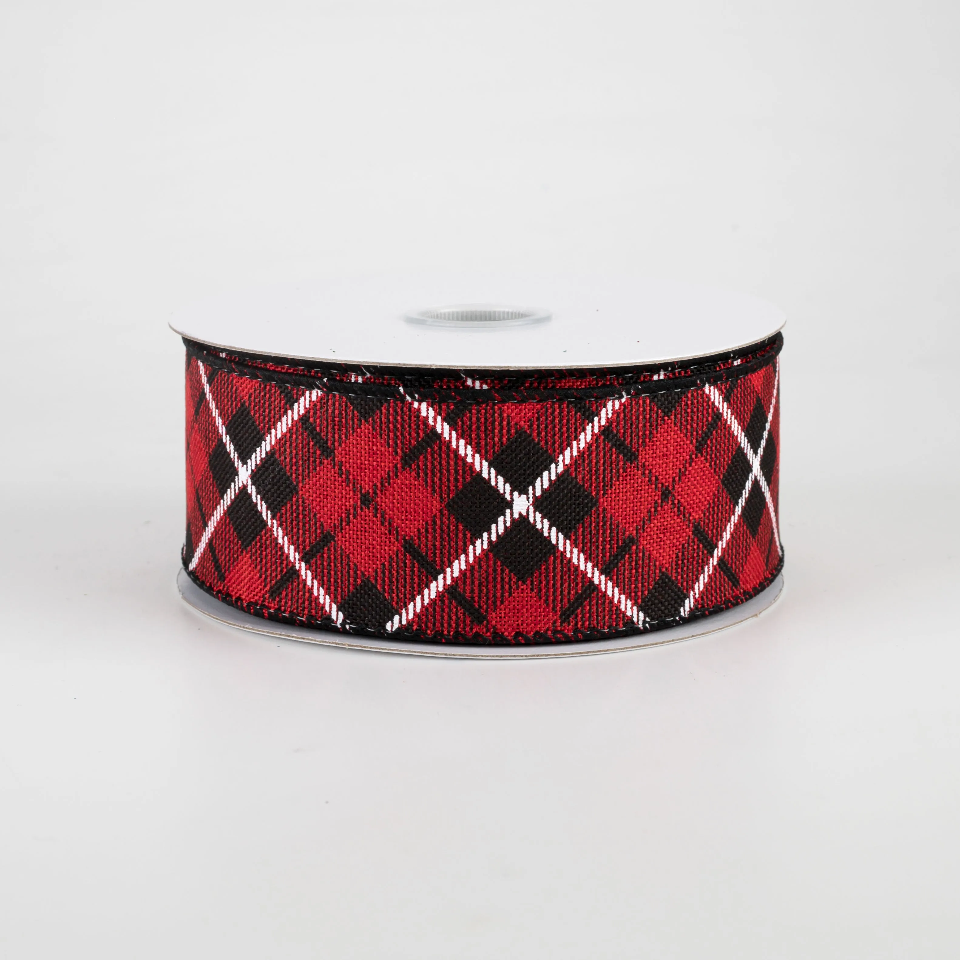 1.5" Diagonal Argyle Plaid Ribbon: Red, Black, White (10 Yards)