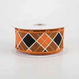 1.5" Diagonal Bonnie Check Ribbon: Orange, Black, White (10 Yards)
