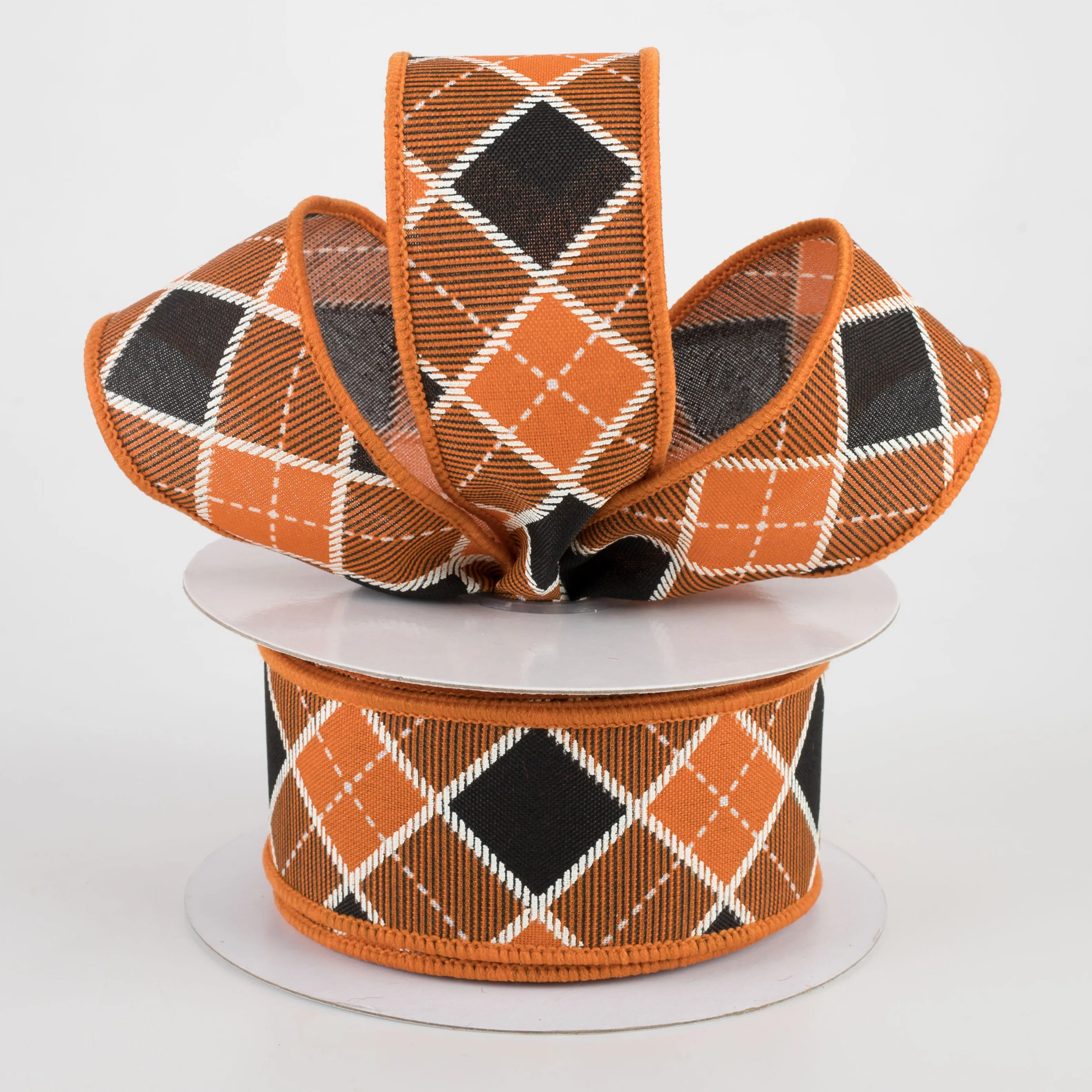1.5" Diagonal Bonnie Check Ribbon: Orange, Black, White (10 Yards)