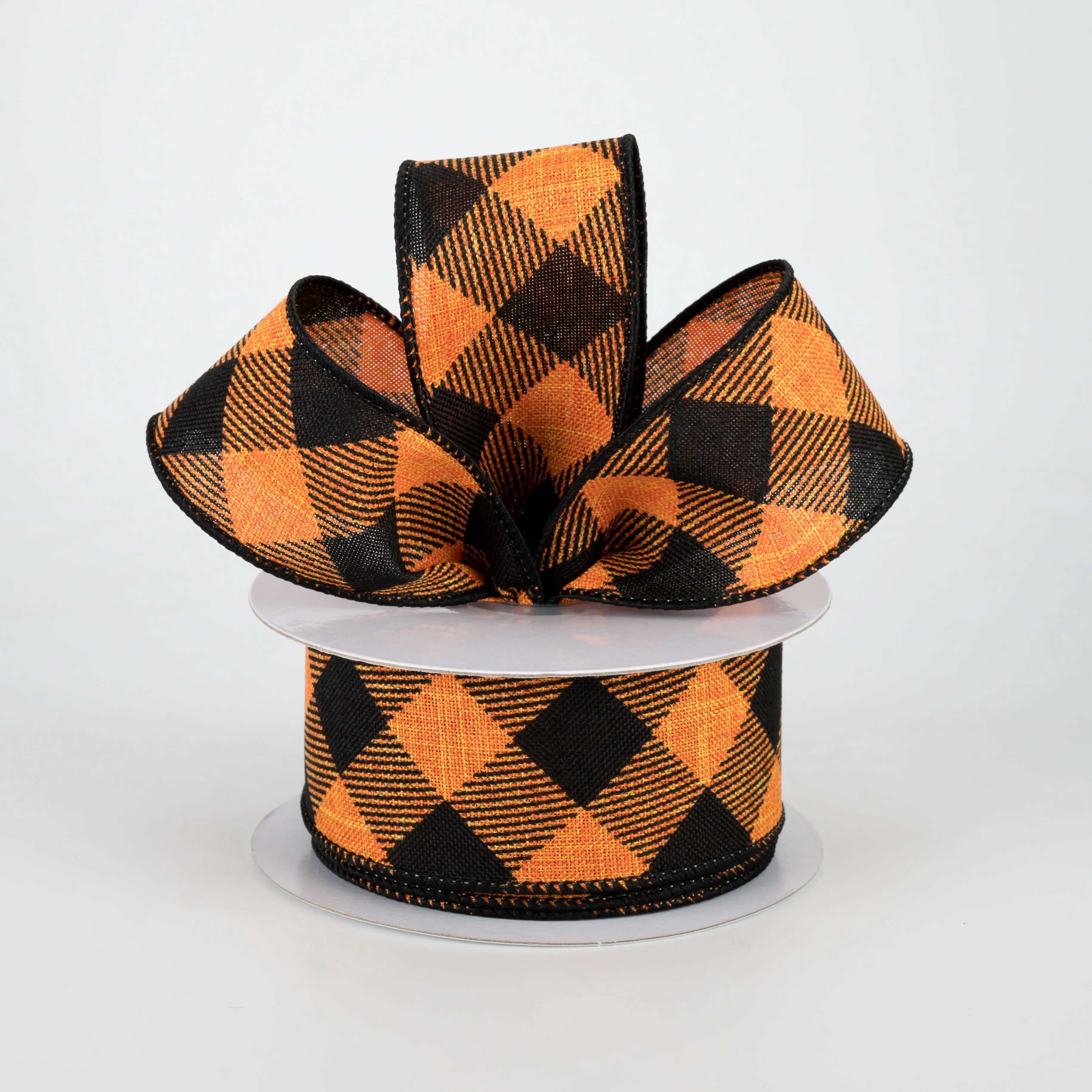1.5" Diagonal Check Ribbon: Orange & Black (10 Yards)
