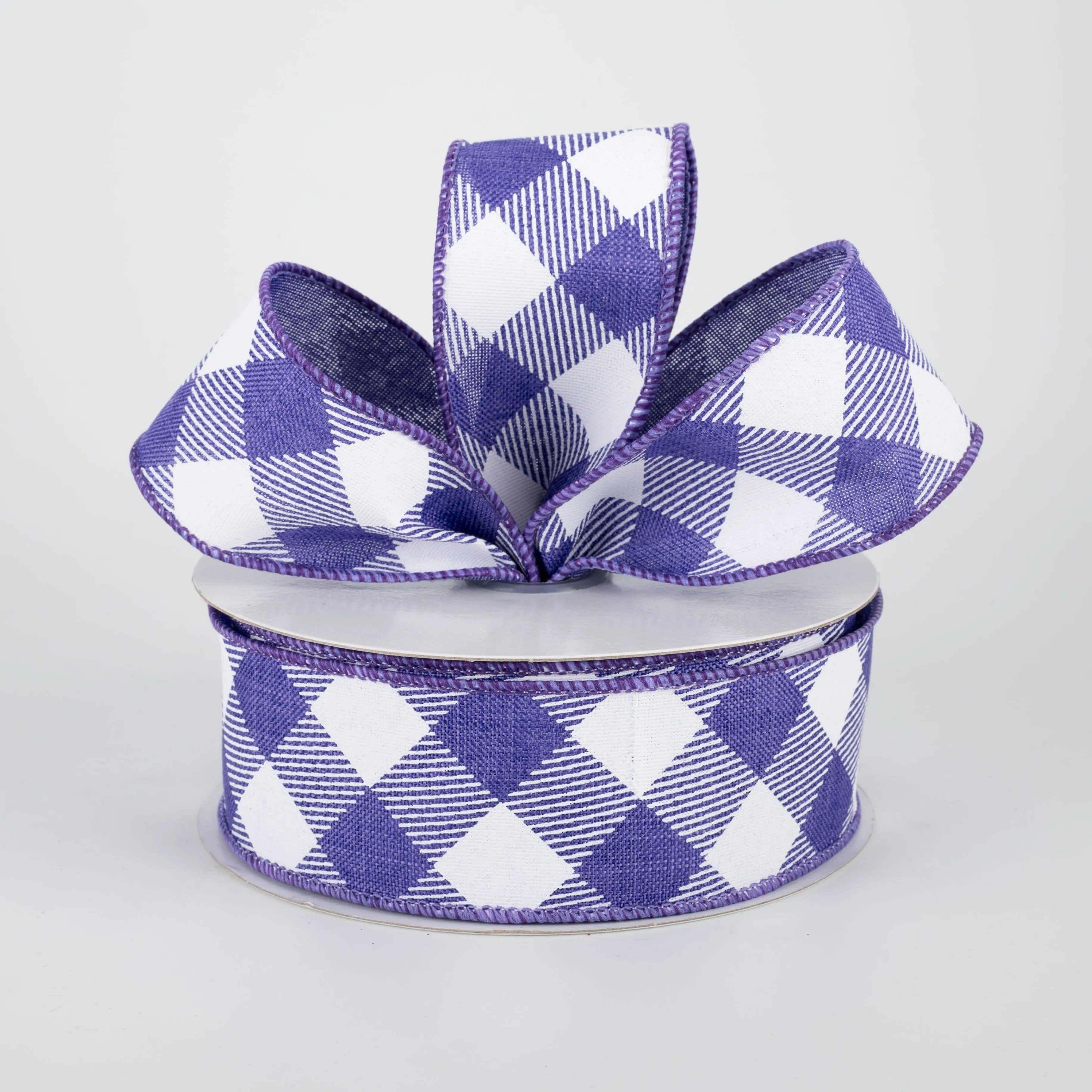 1.5" Diagonal Check Ribbon: Purple & White (10 Yards)