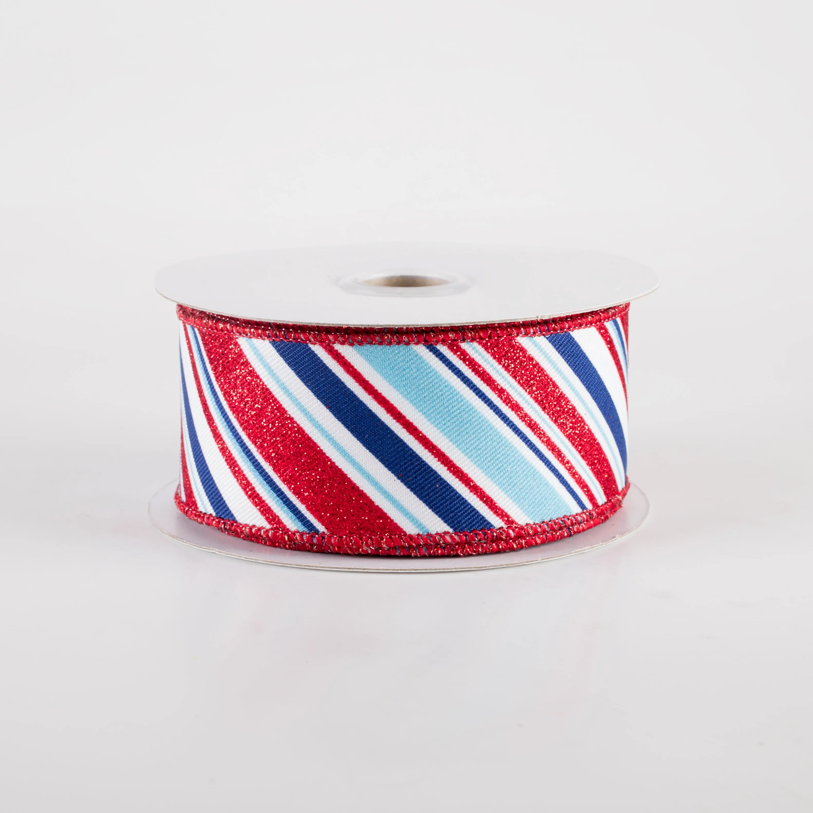 1.5" Diagonal Glitter Stripe Ribbon: Light Blue Patriotic (10 Yards)