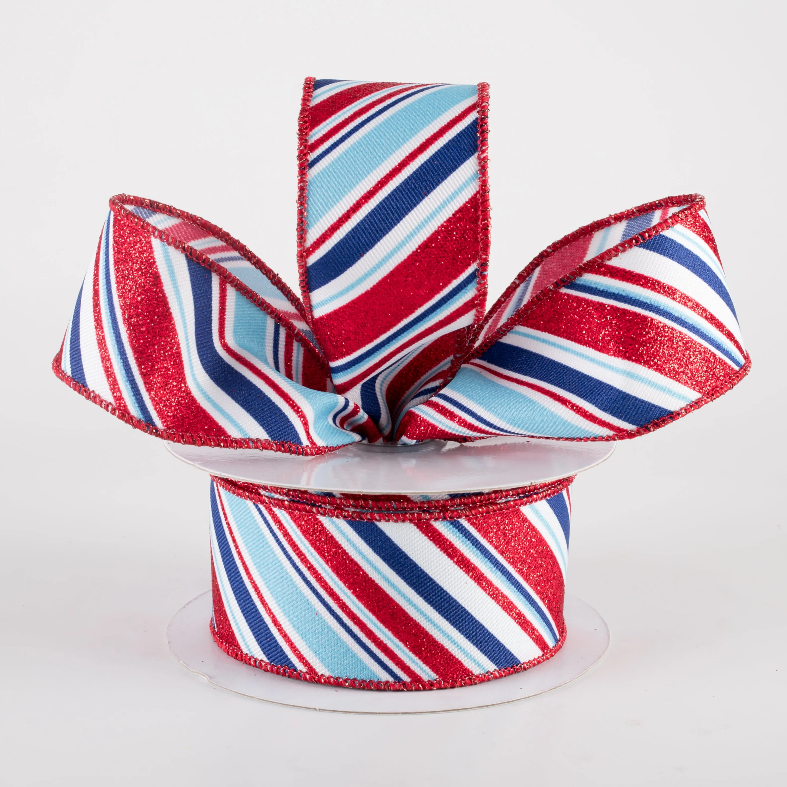 1.5" Diagonal Glitter Stripe Ribbon: Light Blue Patriotic (10 Yards)