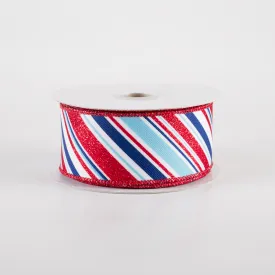 1.5" Diagonal Glitter Stripe Ribbon: Light Blue Patriotic (10 Yards)