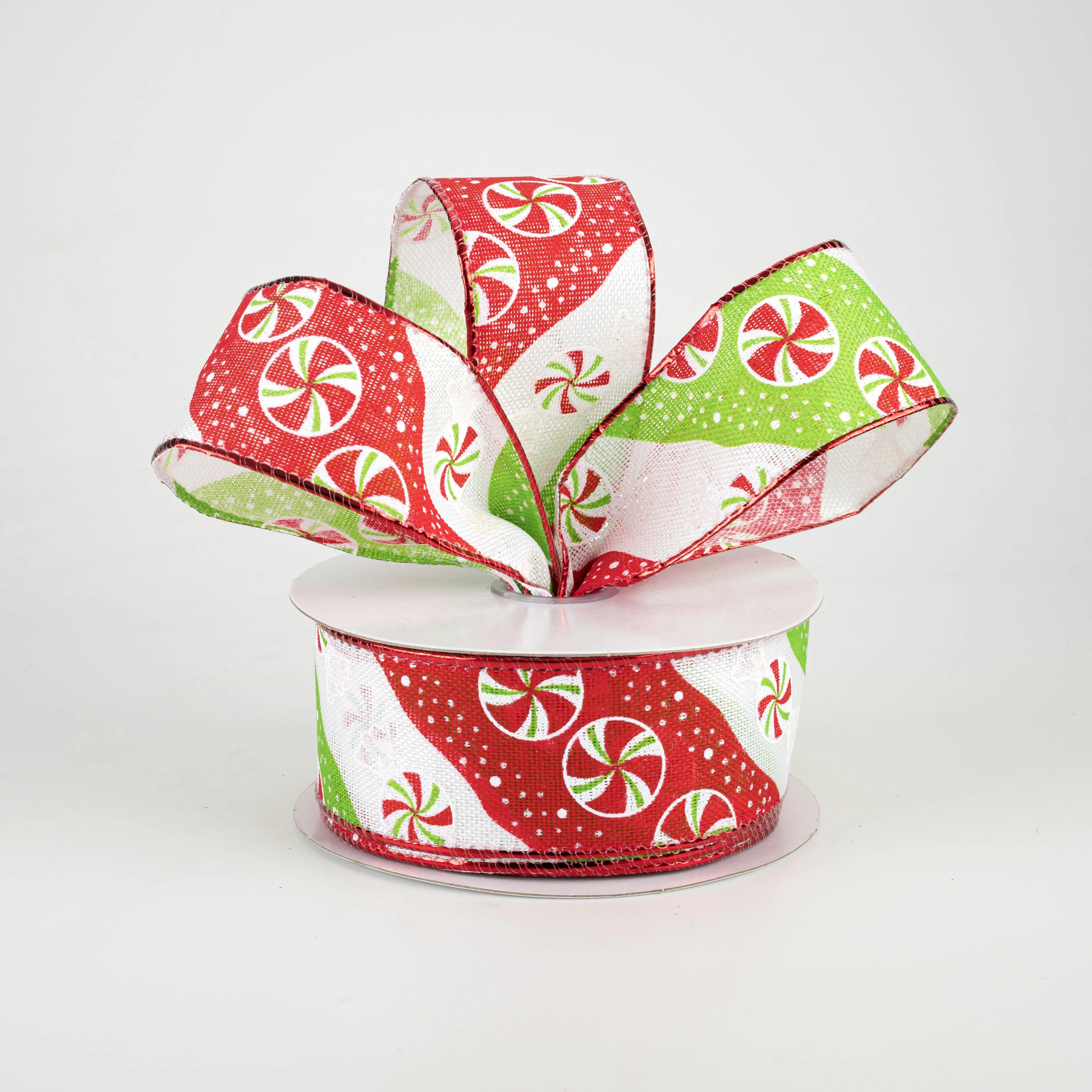 1.5" Diagonal Peppermint Stripes Ribbon: Red, Lime, White (10 Yards)