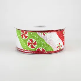 1.5" Diagonal Peppermint Stripes Ribbon: Red, Lime, White (10 Yards)