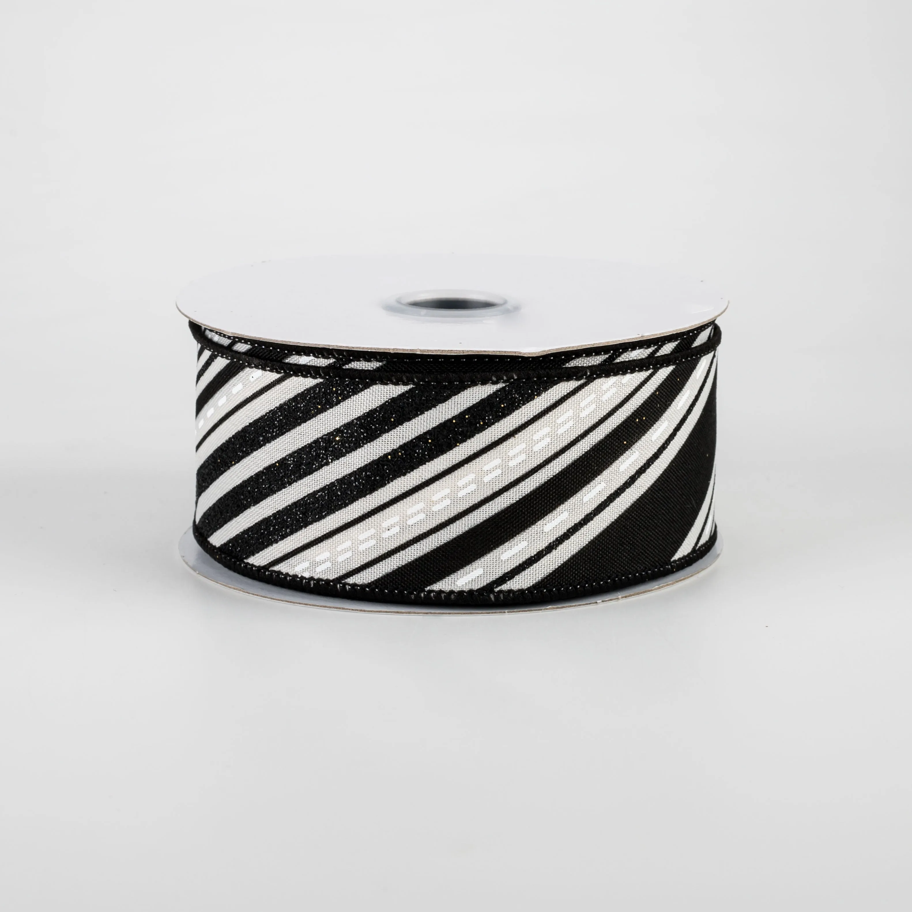 1.5" Diagonal Slanted Lines Ribbon: Cream, Black, White (10 Yards)
