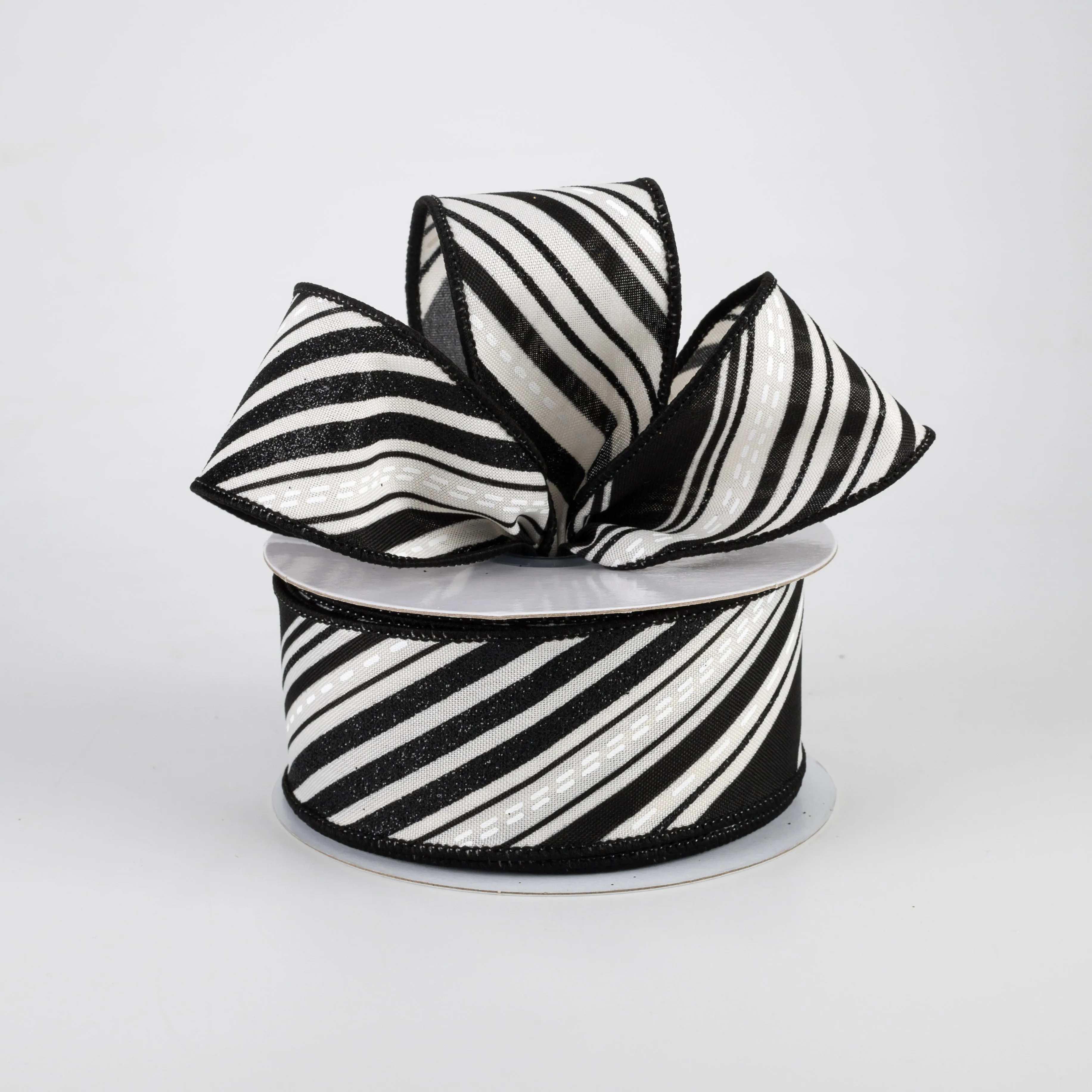 1.5" Diagonal Slanted Lines Ribbon: Cream, Black, White (10 Yards)