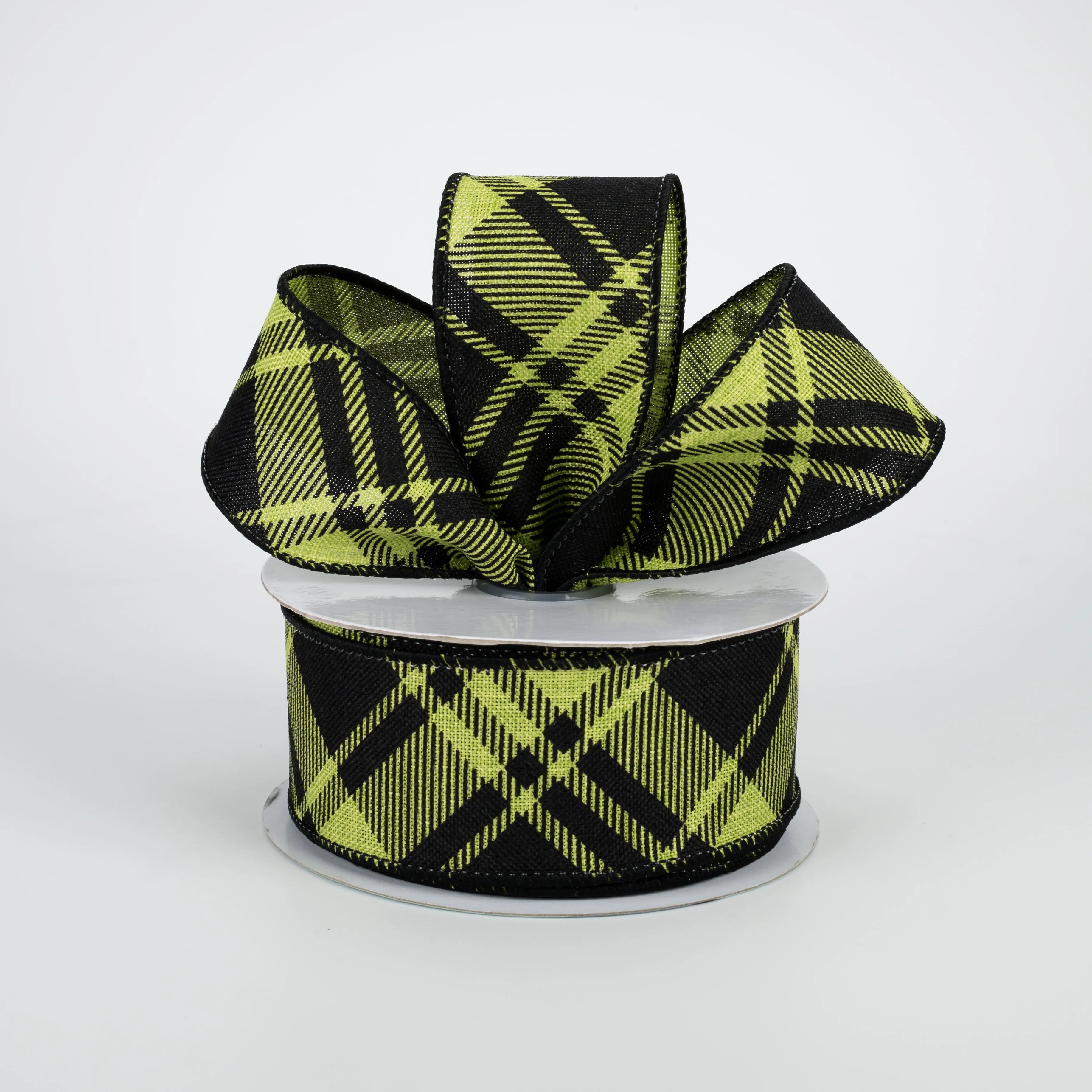 1.5" Diagonal Stripe Check Ribbon: Lime Green & Black (10 Yards)