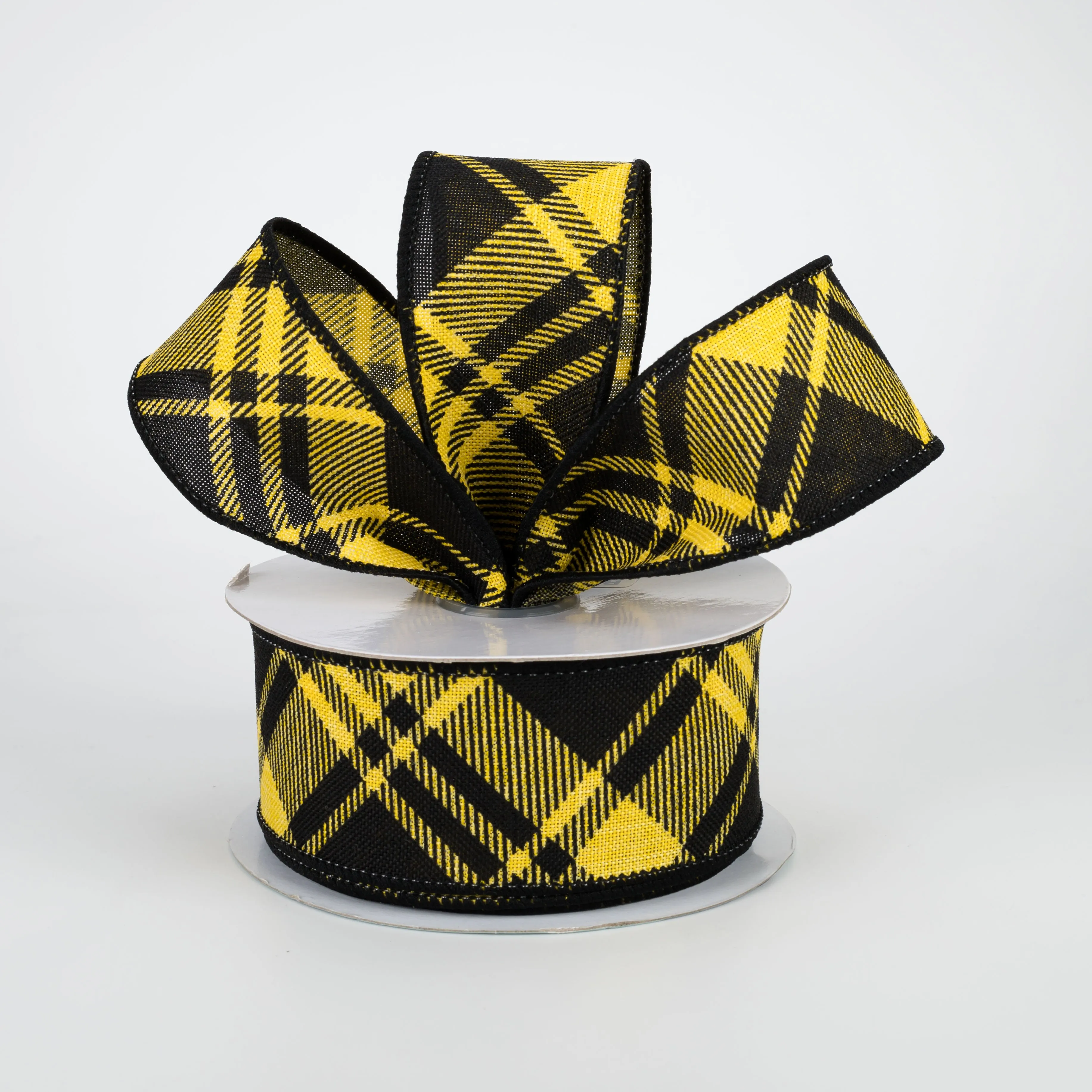 1.5" Diagonal Stripe Check Ribbon: Yellow & Black (10 Yards)