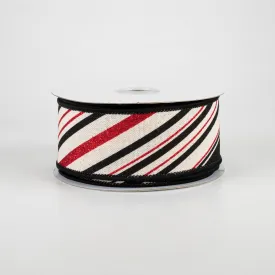 1.5" Diagonal Stripe Ribbon: Ivory, Black, Red (10 Yards)