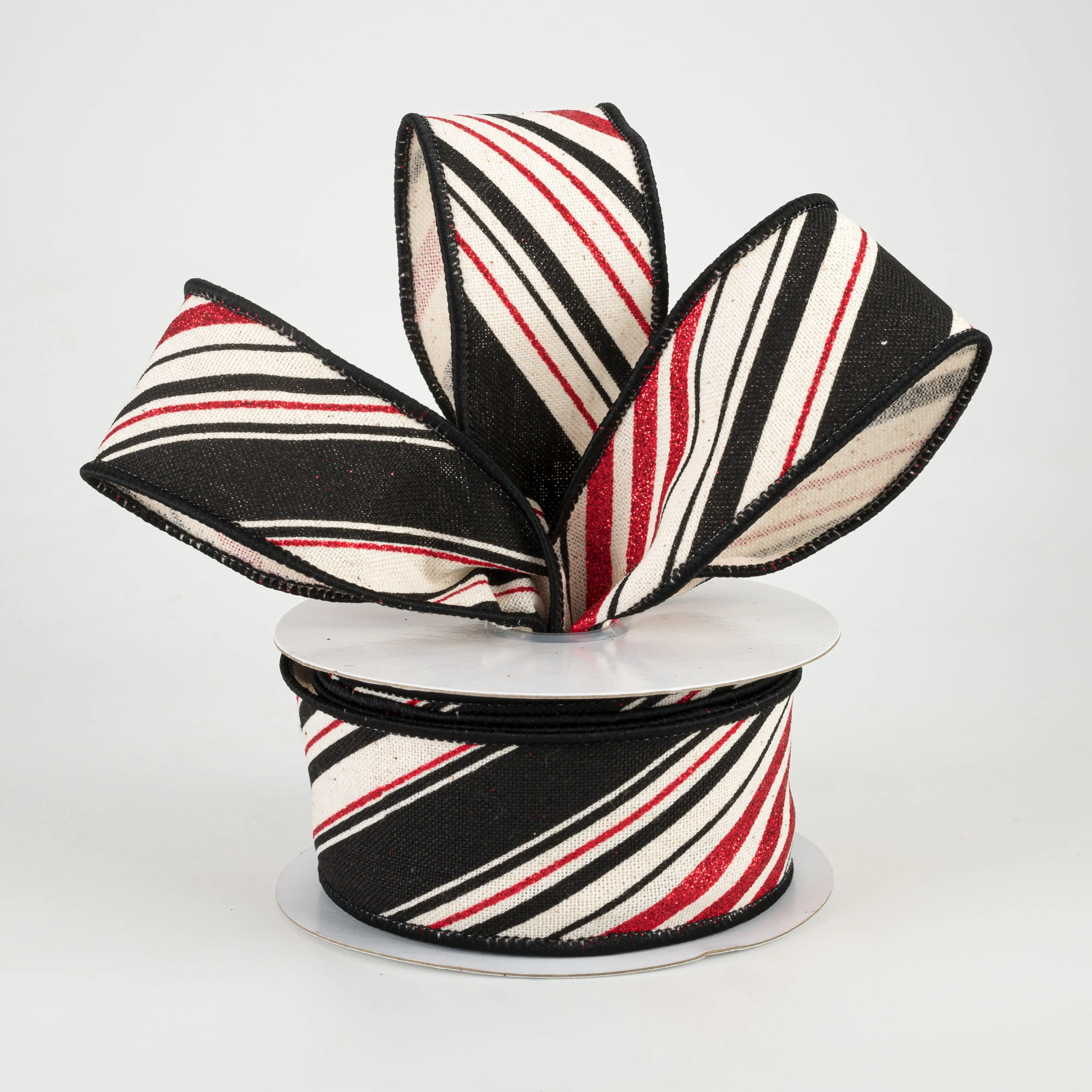 1.5" Diagonal Stripe Ribbon: Ivory, Black, Red (10 Yards)