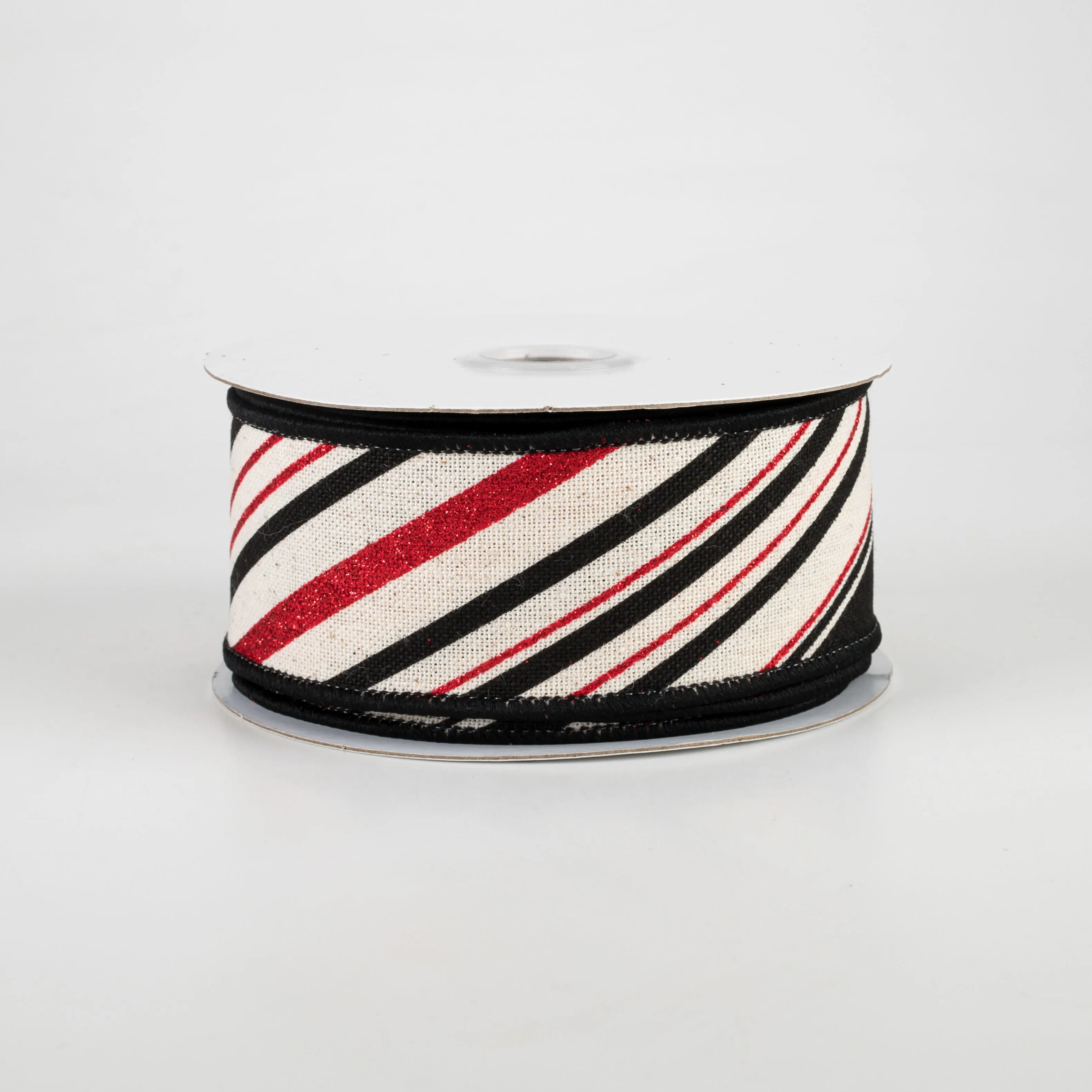 1.5" Diagonal Stripe Ribbon: Ivory, Black, Red (10 Yards)