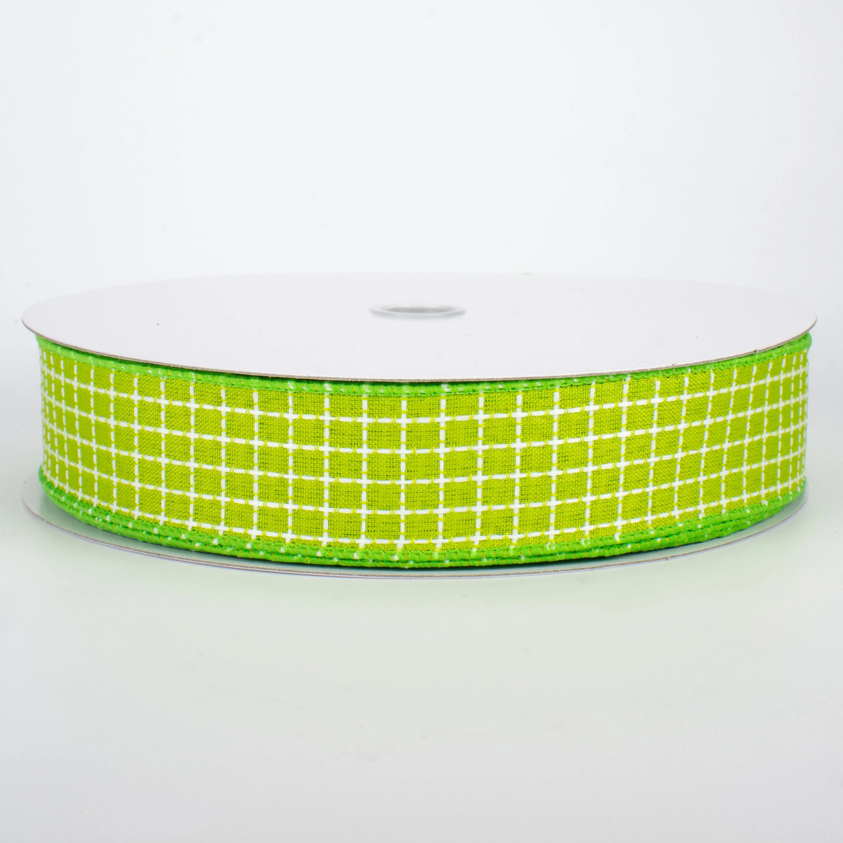1.5" Embroidered Stitched Squares Ribbon: Lime (50 Yards)