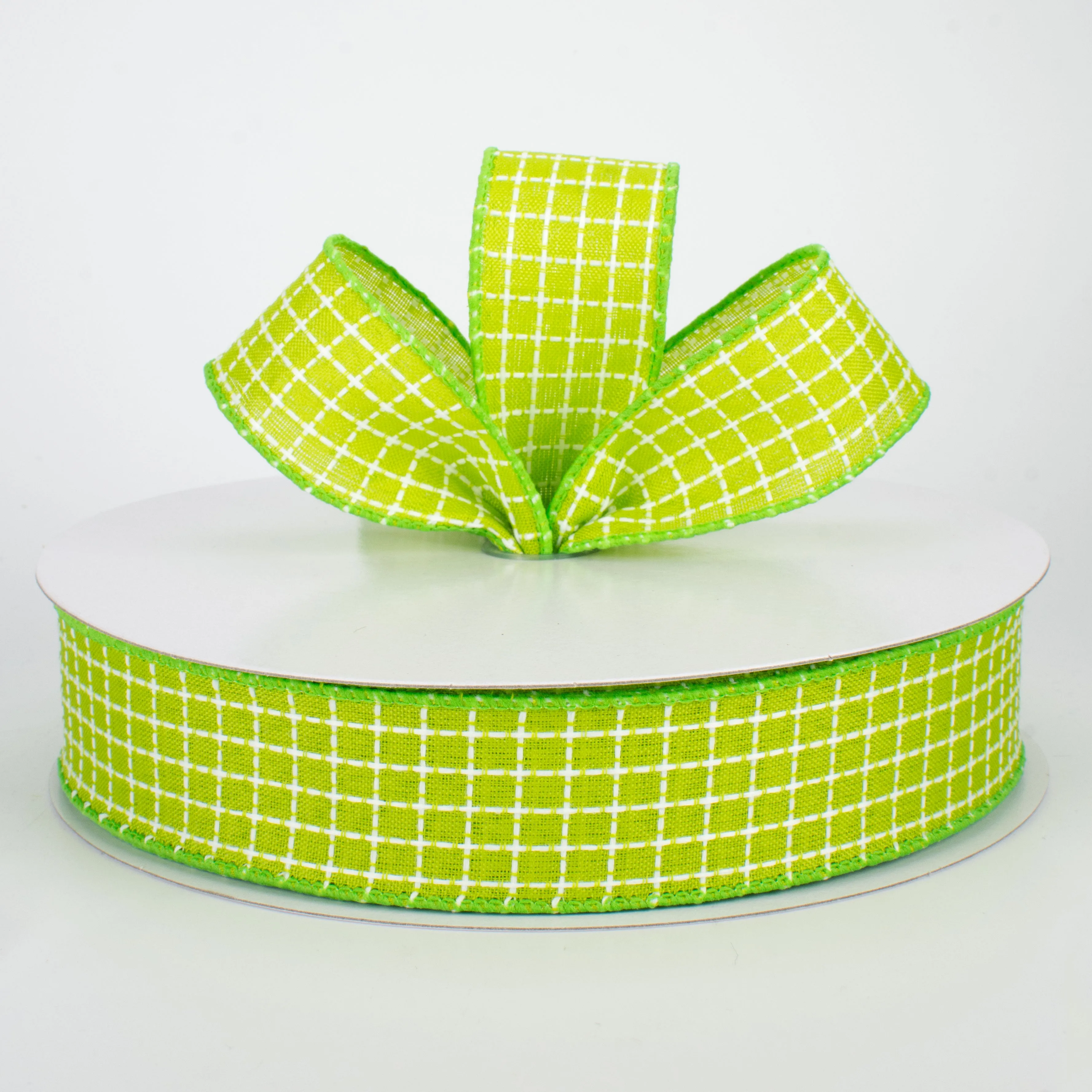 1.5" Embroidered Stitched Squares Ribbon: Lime (50 Yards)