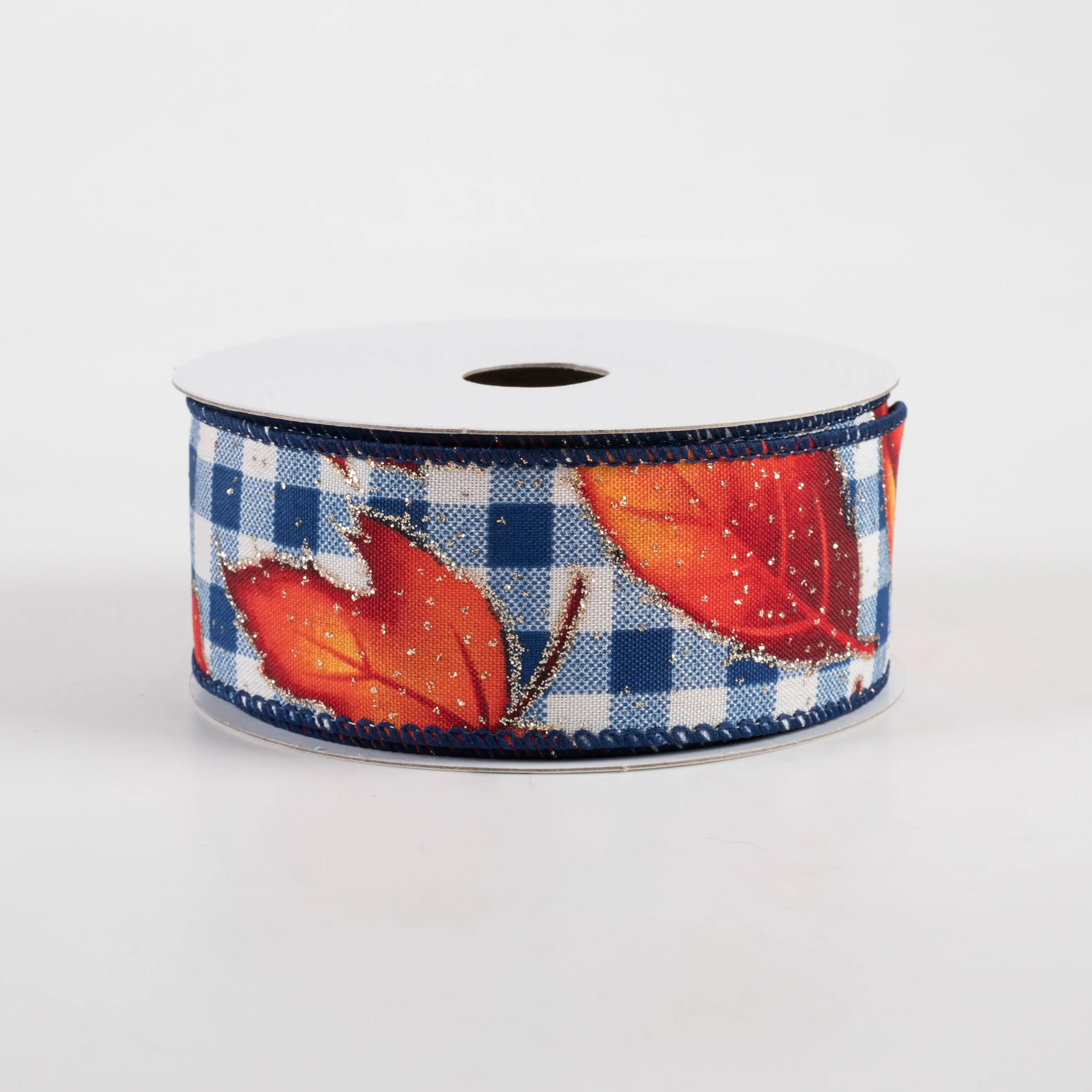 1.5" Fall Leaves on Blue Checks Ribbon (10 Yards)