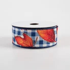 1.5" Fall Leaves on Blue Checks Ribbon (10 Yards)
