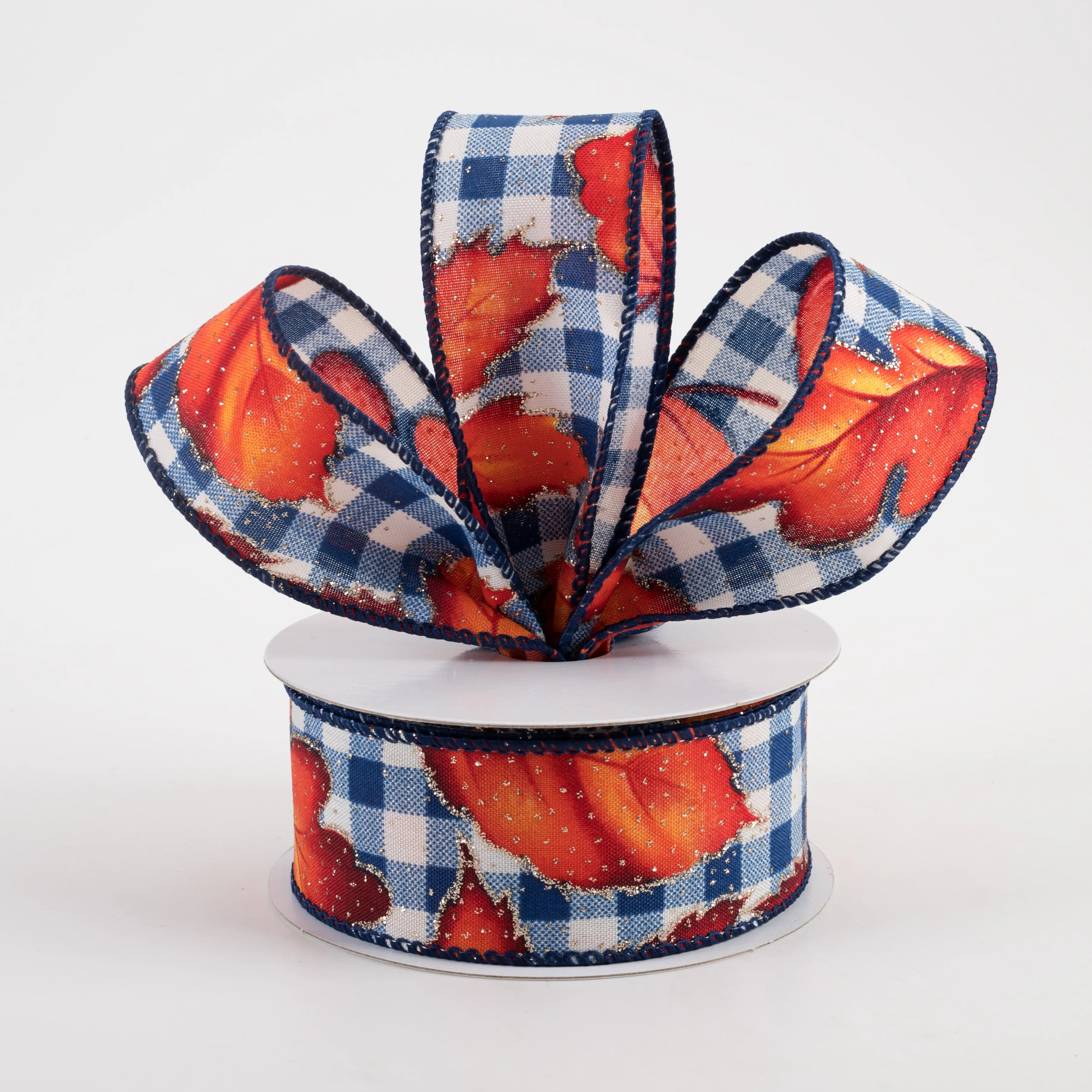 1.5" Fall Leaves on Blue Checks Ribbon (10 Yards)