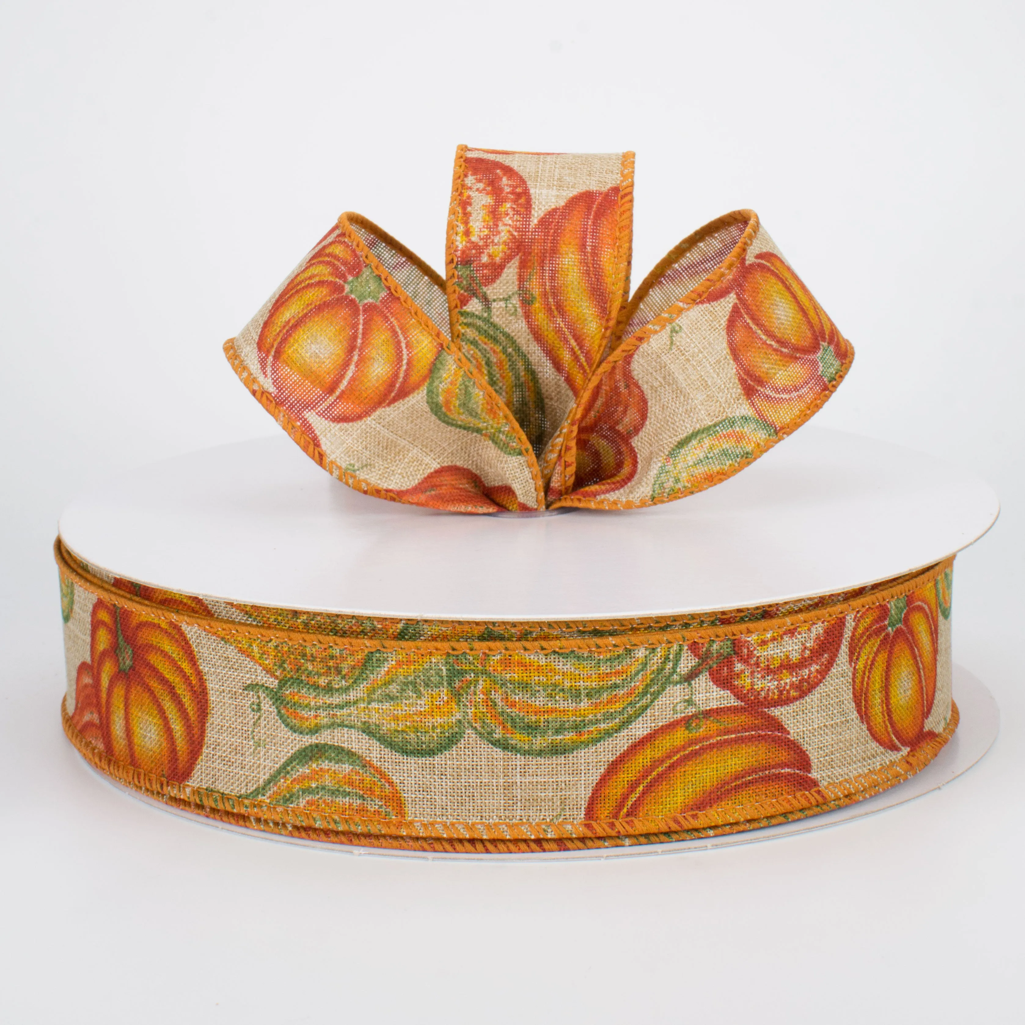 1.5" Fall Pumpkins & Gourds Ribbon: Natural (50 Yards)