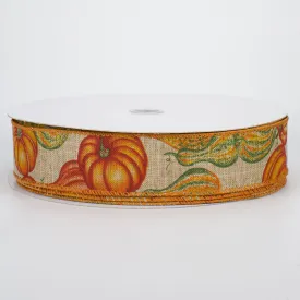 1.5" Fall Pumpkins & Gourds Ribbon: Natural (50 Yards)