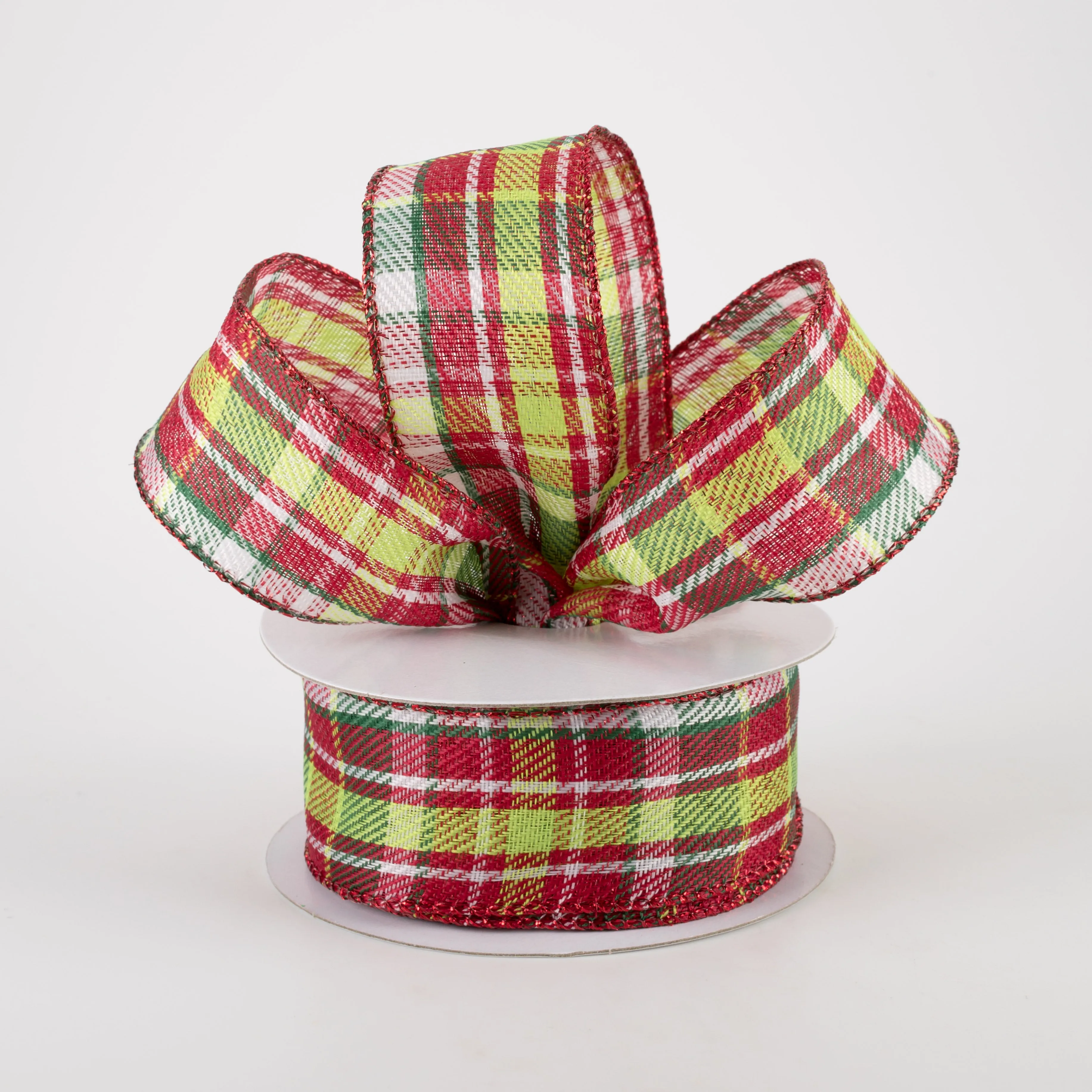 1.5" Funzy Plaid Ribbon: Lime, White, Red, Emerald (10 Yards)