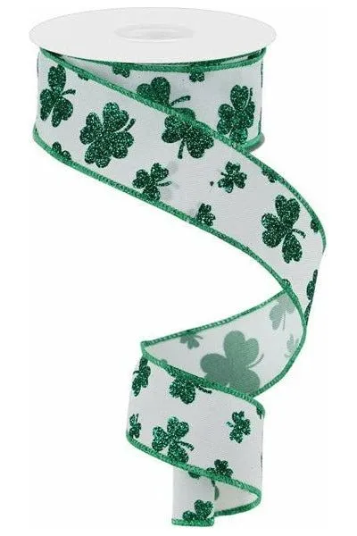 1.5" Glitter Shamrocks Ribbon: White (10 Yards)