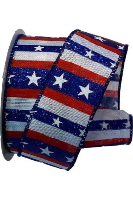 1.5" Navy Glitter Stripes With Stars Ribbon: White (10 Yards)