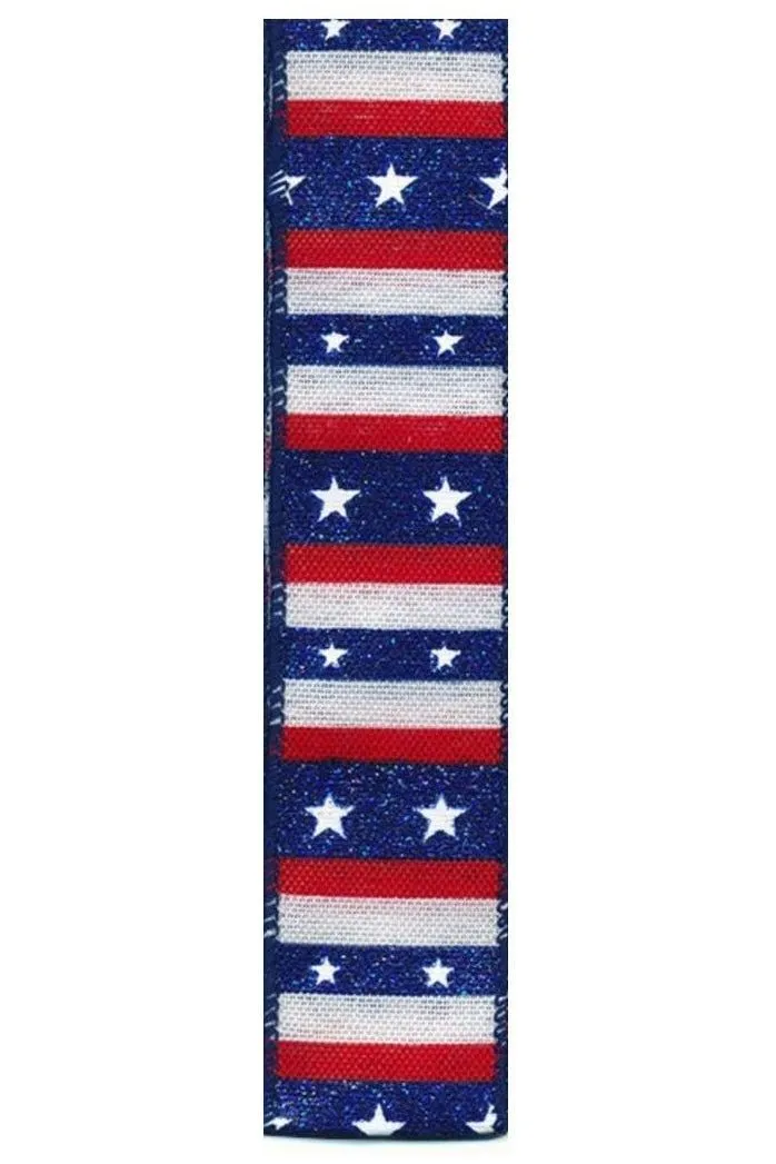 1.5" Navy Glitter Stripes With Stars Ribbon: White (10 Yards)