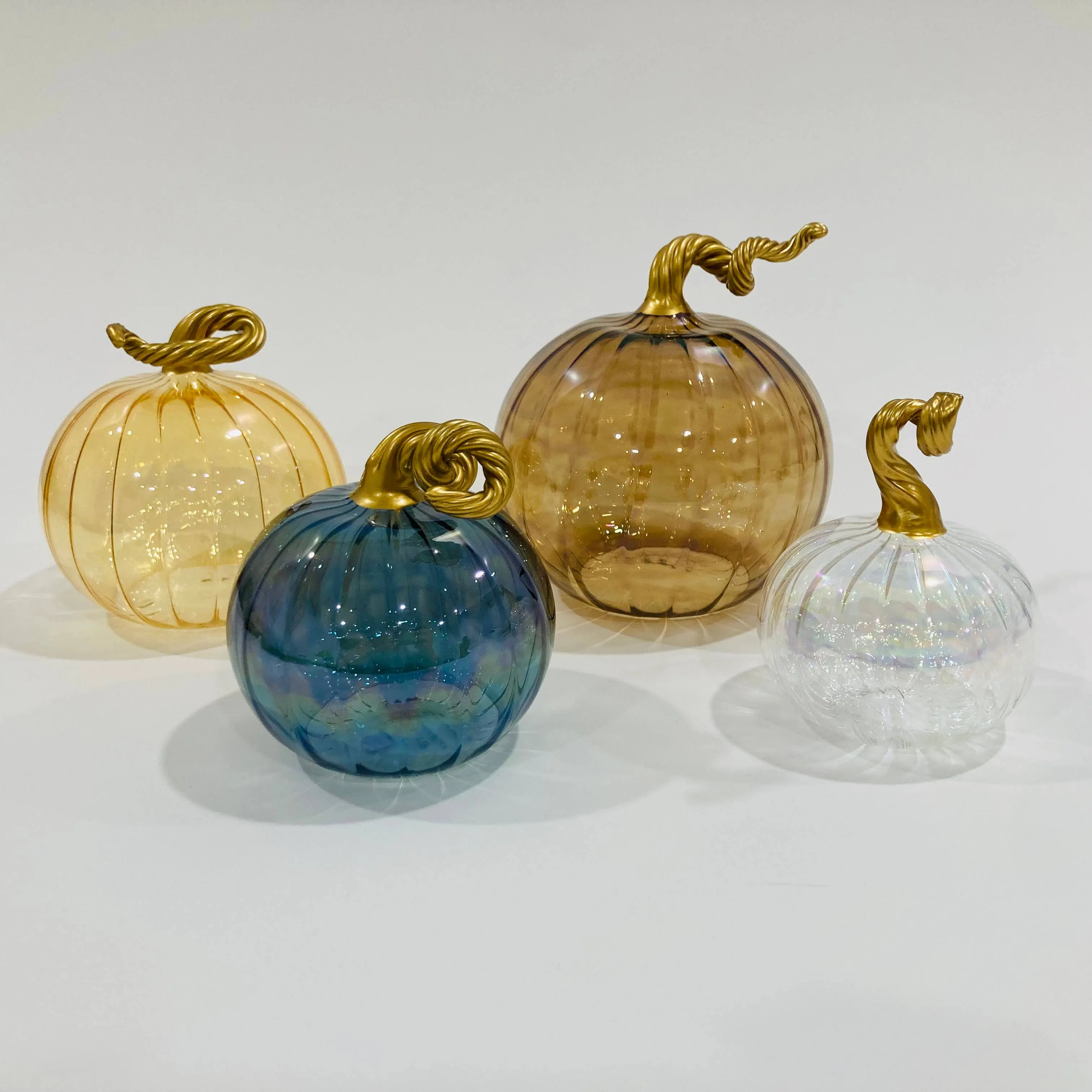 2.8" Iridescent Teal Blown Glass Tabletop Pumpkin