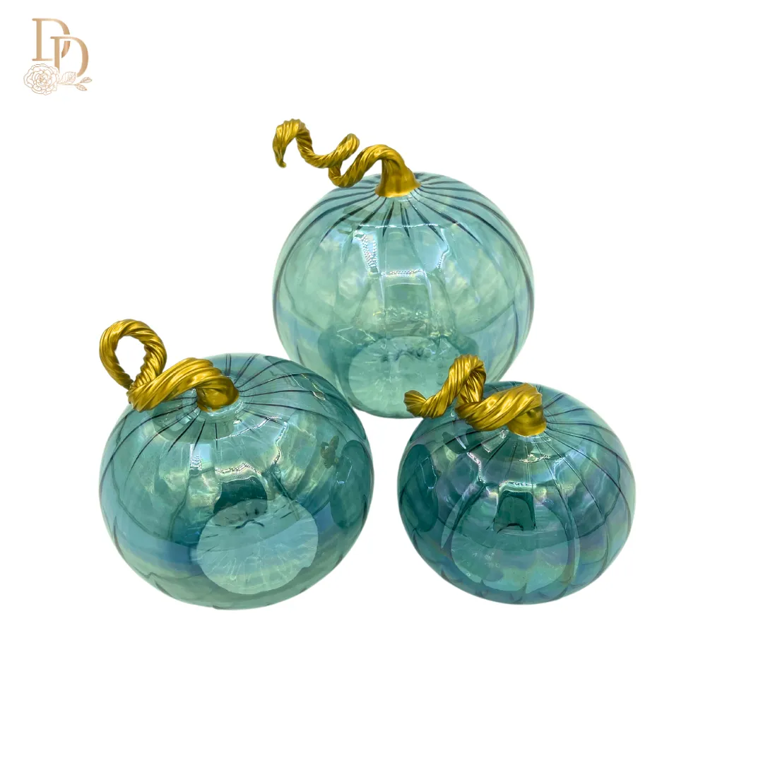 2.8" Iridescent Teal Blown Glass Tabletop Pumpkin