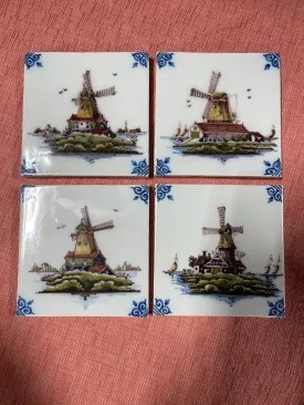 4 Delft Hand Painted Ceramic Tiles, Marked and Signed