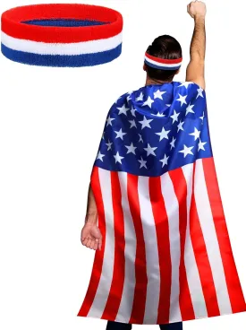 American Flag Costume Cape for 4th of July, Retro 80's USA Red White and Blue Bandana Headband, Outfits for Independence Day for Adult Men Women