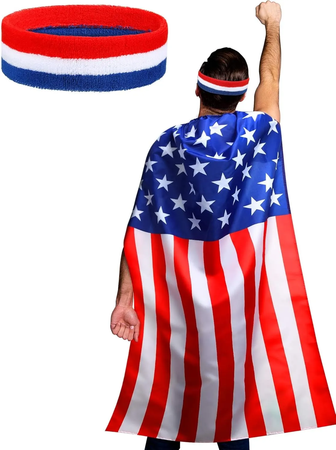 American Flag Costume Cape for 4th of July, Retro 80's USA Red White and Blue Bandana Headband, Outfits for Independence Day for Adult Men Women
