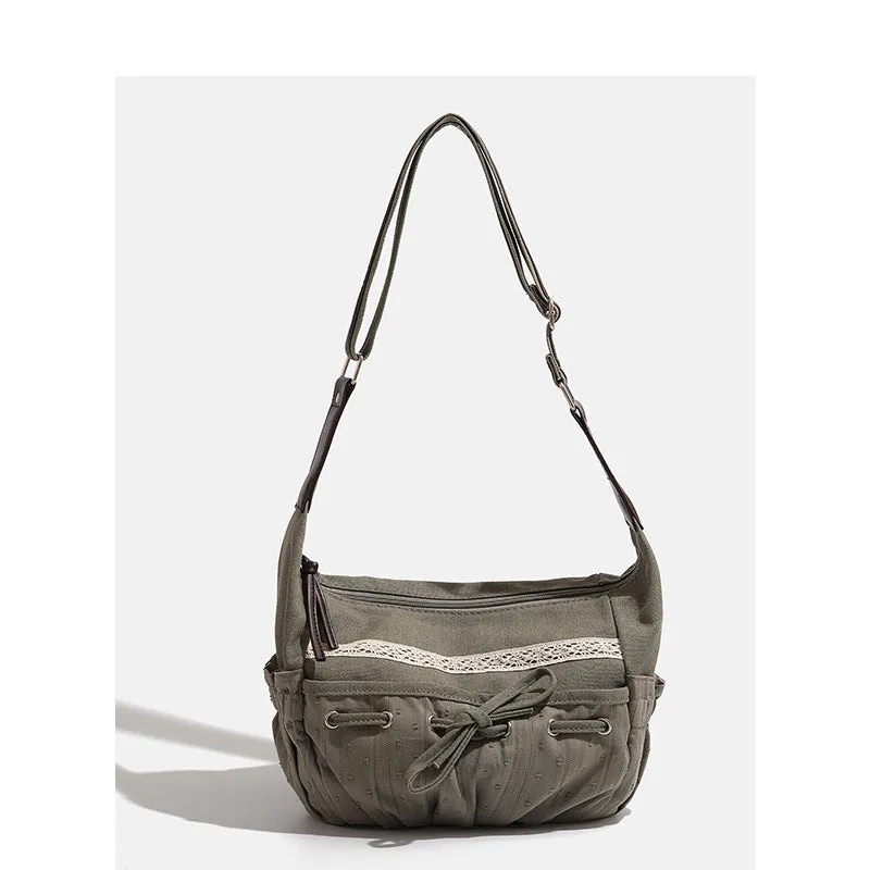 Amozae-Back To School Gifts Lace Patchwork Bow Large Capacity Shoulder Bag