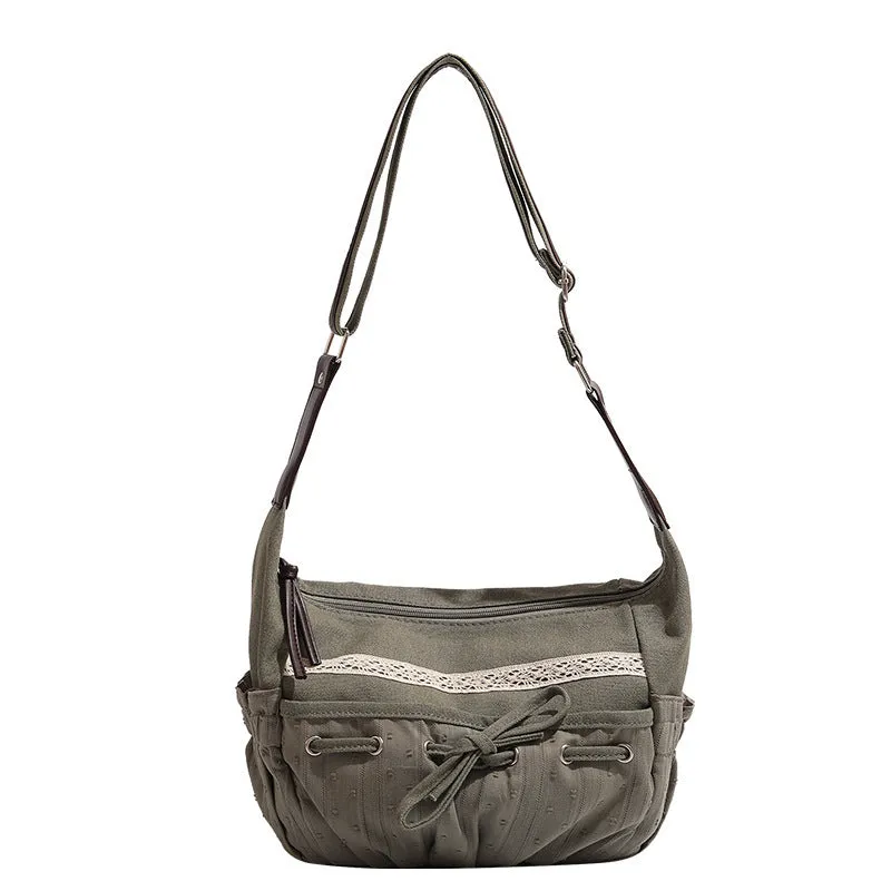 Amozae-Back To School Gifts Lace Patchwork Bow Large Capacity Shoulder Bag