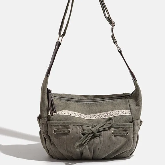 Amozae-Back To School Gifts Lace Patchwork Bow Large Capacity Shoulder Bag