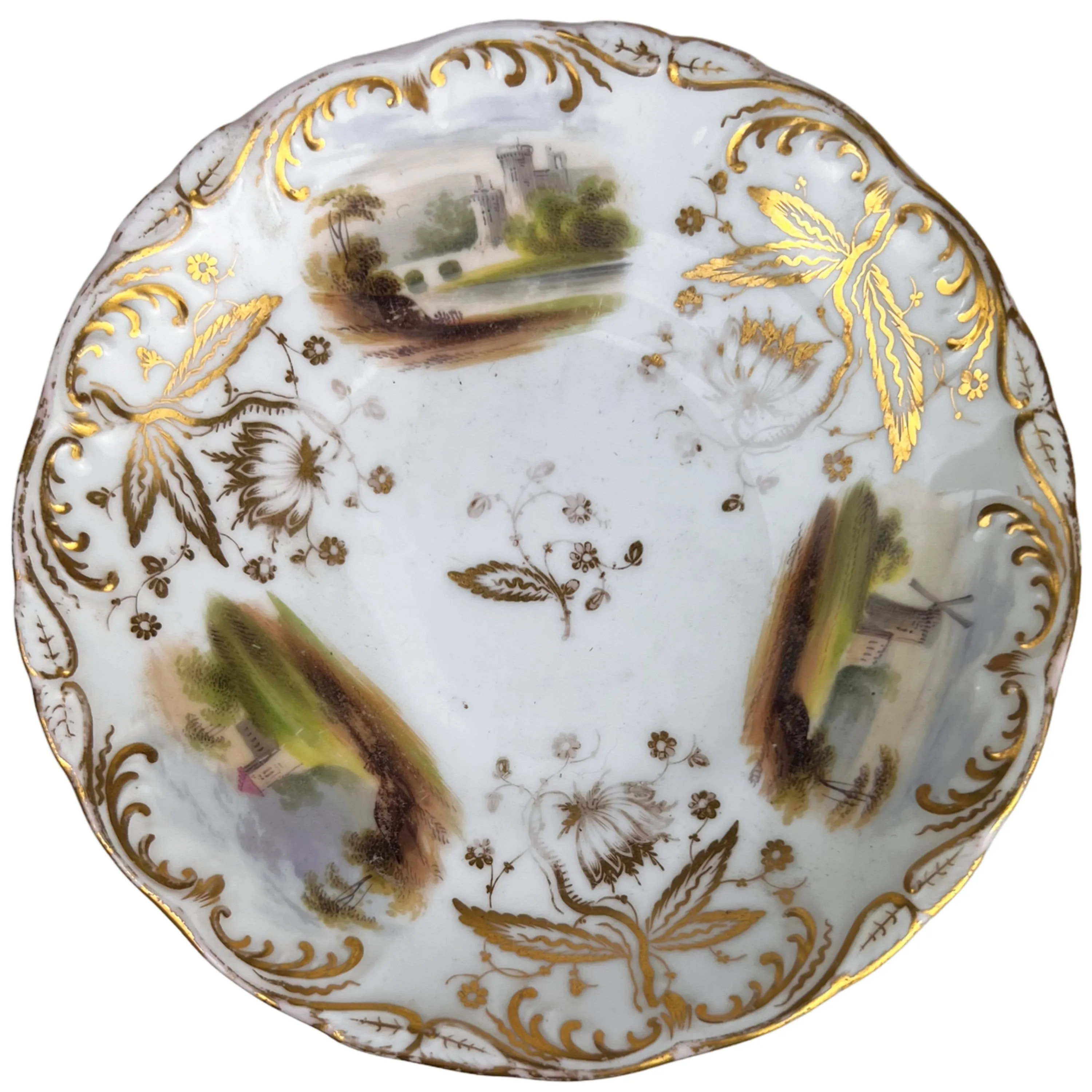 Antique Coalport Porcelain Cup & Saucer Hand Painted Landscape Scenes Early 19th c