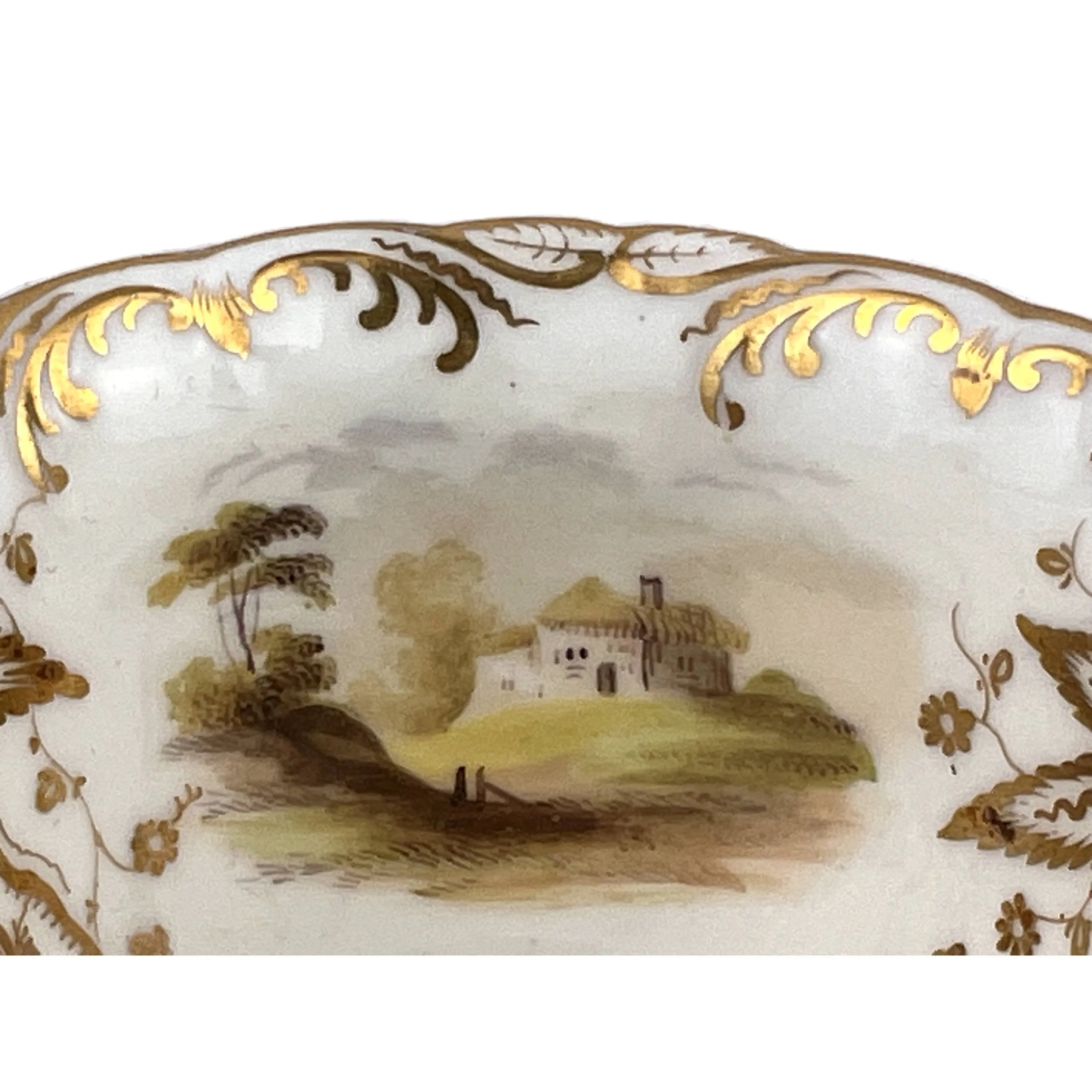 Antique Coalport Porcelain Cup & Saucer Hand Painted Landscape Scenes Early 19th c