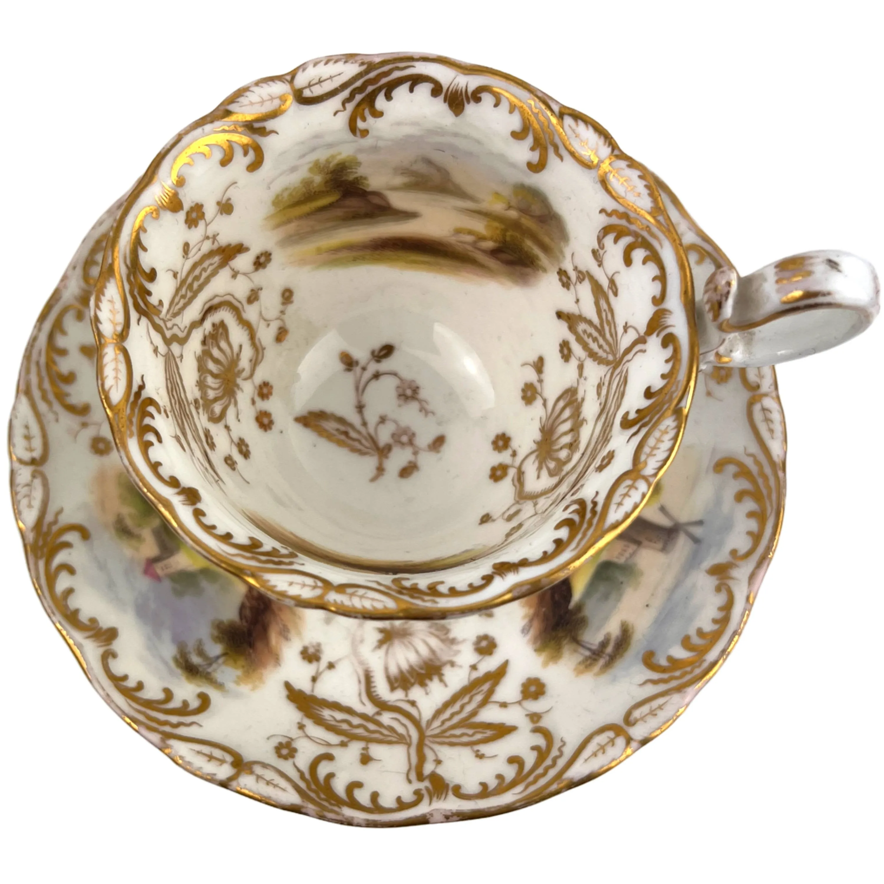 Antique Coalport Porcelain Cup & Saucer Hand Painted Landscape Scenes Early 19th c