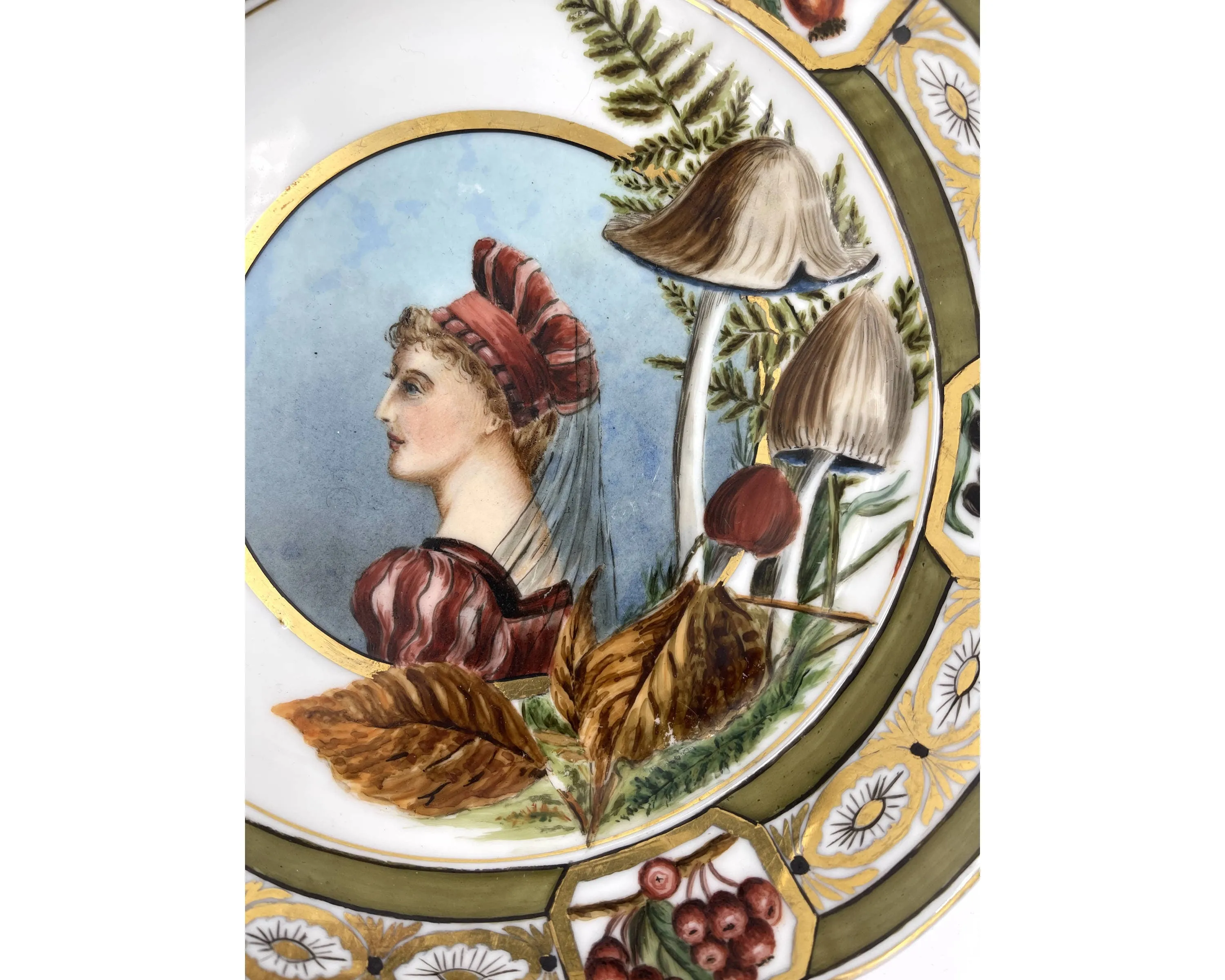 Antique Hand Painted Portrait Plate w Mushrooms Richter Fenkl & Hahn Bohemia