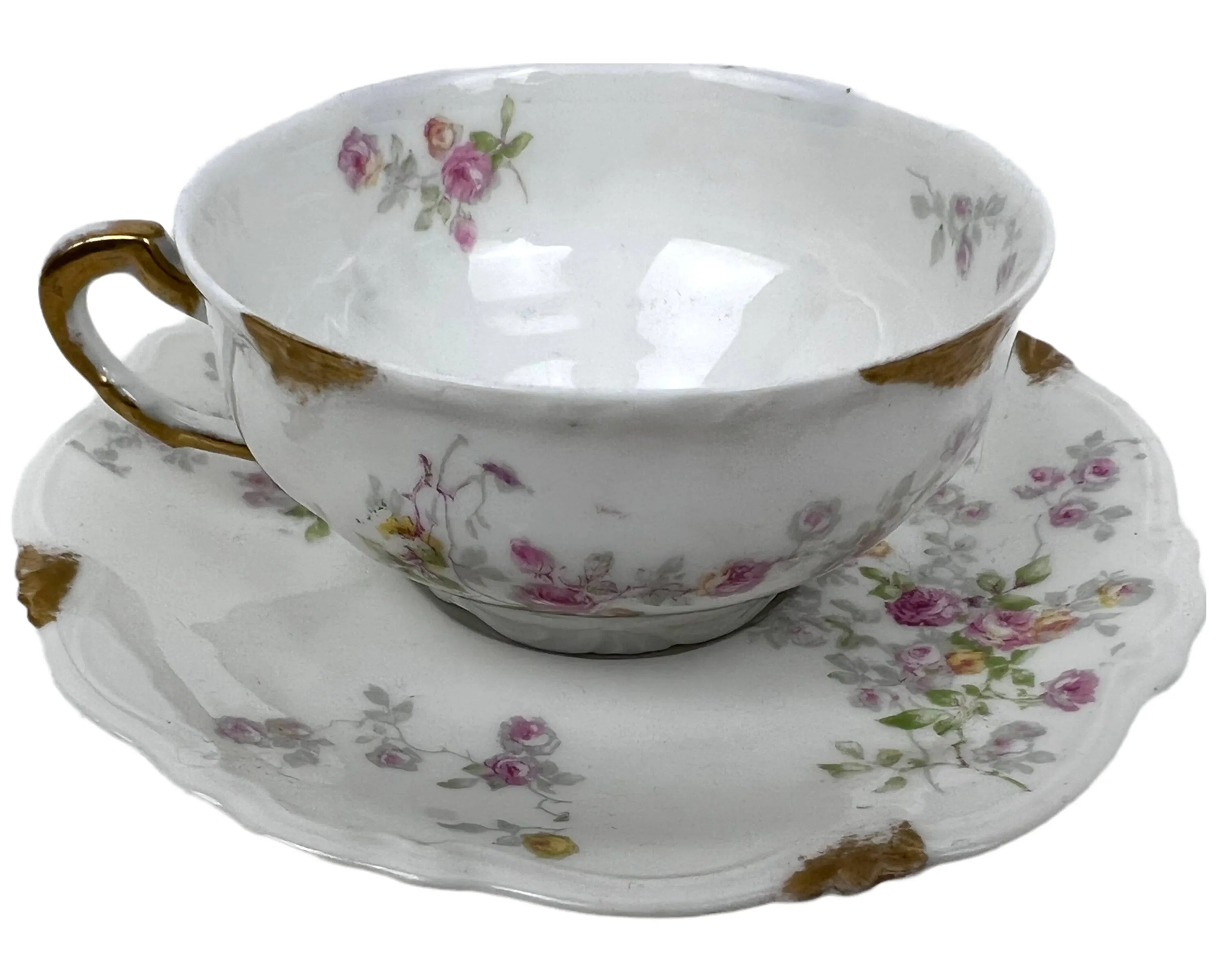 Antique Limoges Porcelain Cup and Saucer Hand Painted Flowers Charles Ahrenfeldt