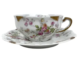 Antique Limoges Porcelain Cup and Saucer Hand Painted Flowers Charles Ahrenfeldt