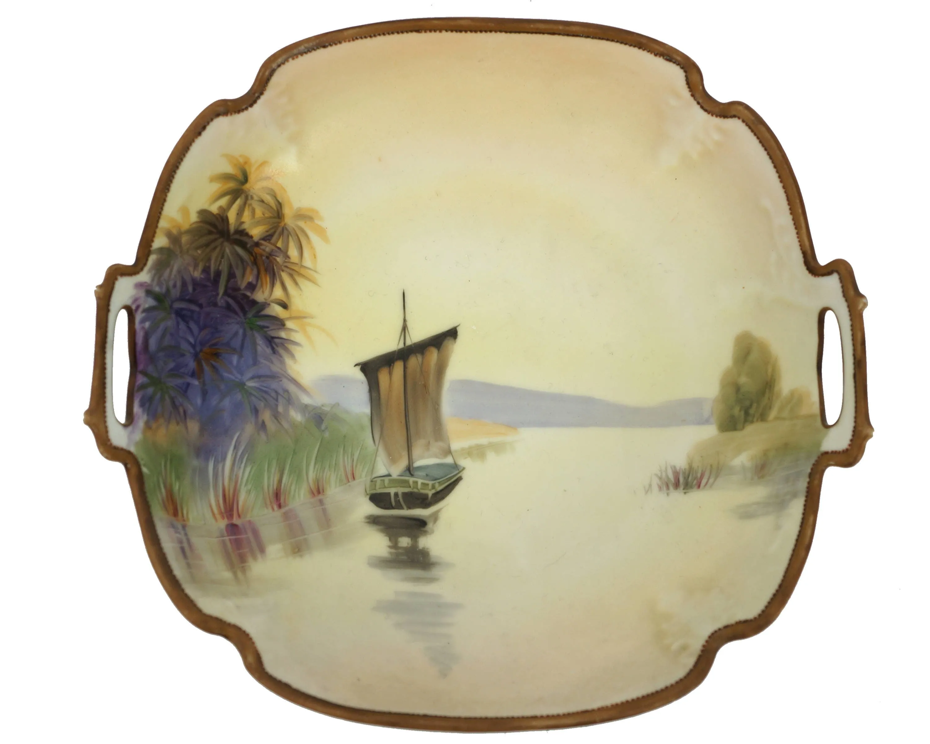 Antique Nippon Porcelain Bowl Hand Painted Sailboat River Scene Morimura M Mark