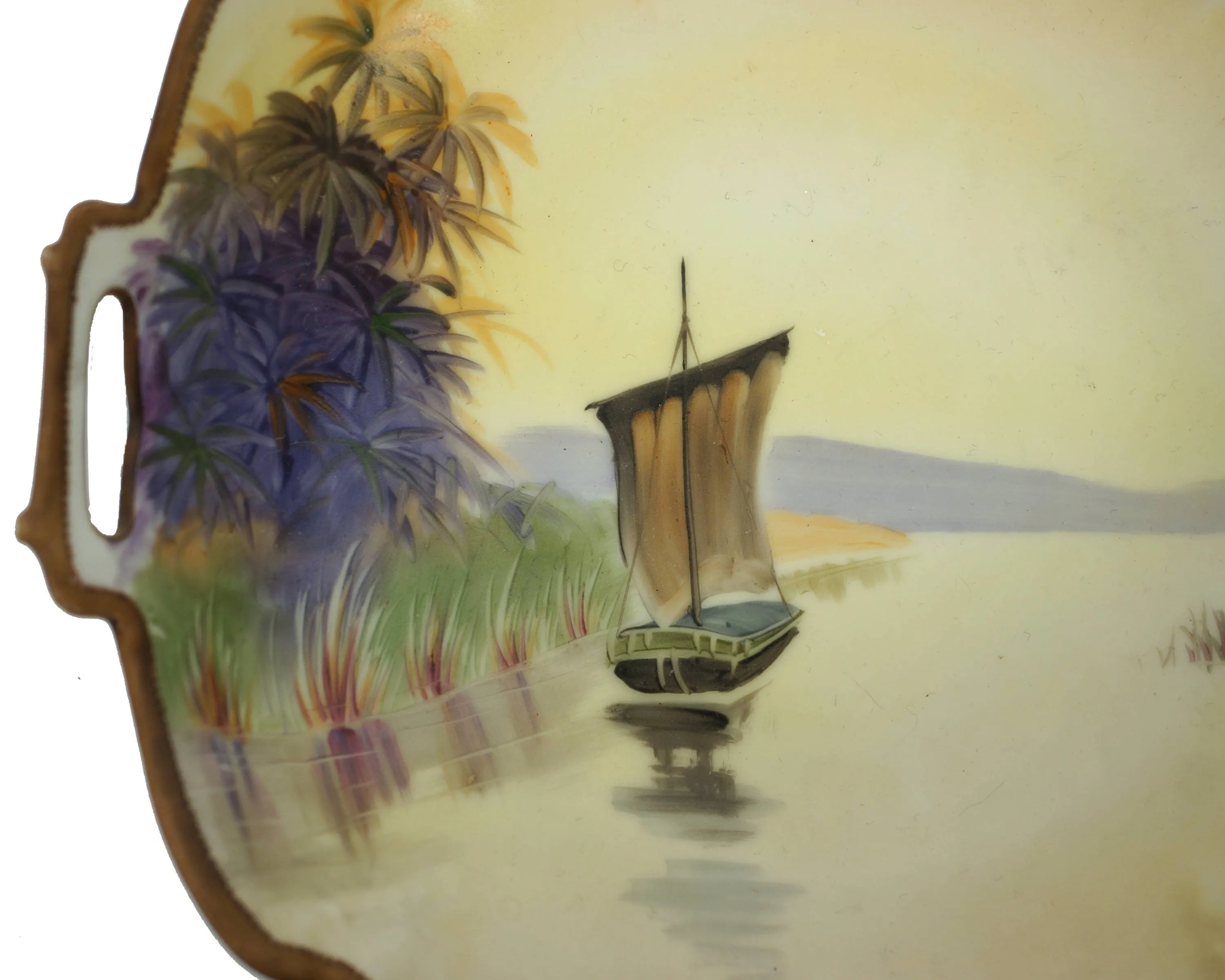 Antique Nippon Porcelain Bowl Hand Painted Sailboat River Scene Morimura M Mark