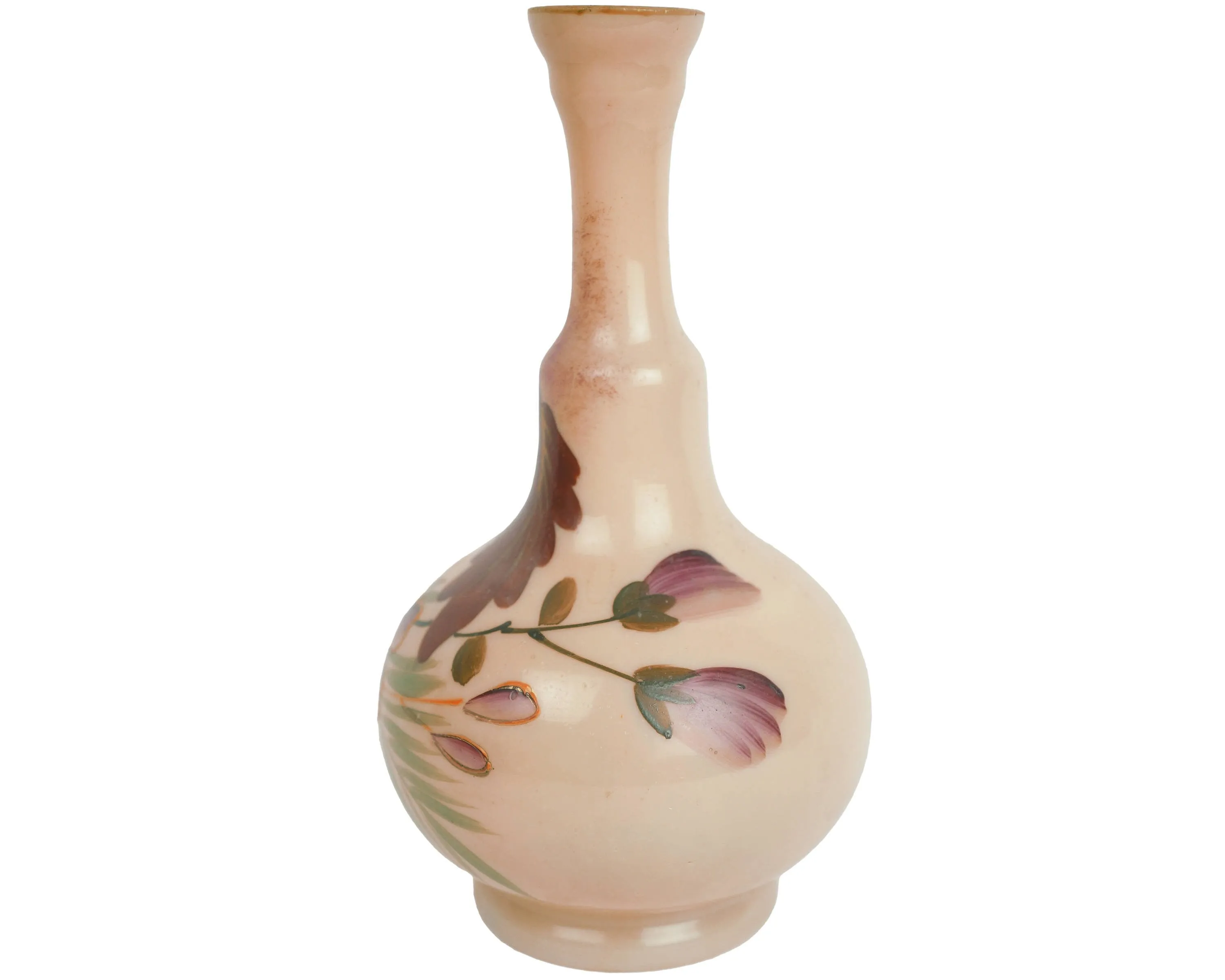Antique Victorian Bristol Glass Opalescent Vase Hand Painted Flowers