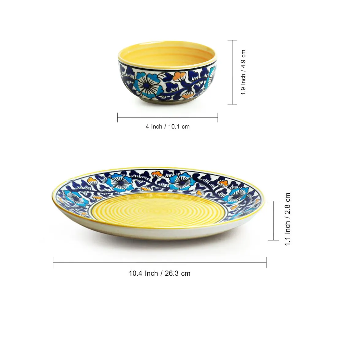 'Badamwari Bagheecha' Handpainted Ceramic Dinner Plate With Katoris (3 Pieces, Serving for 1, Microwave Safe)