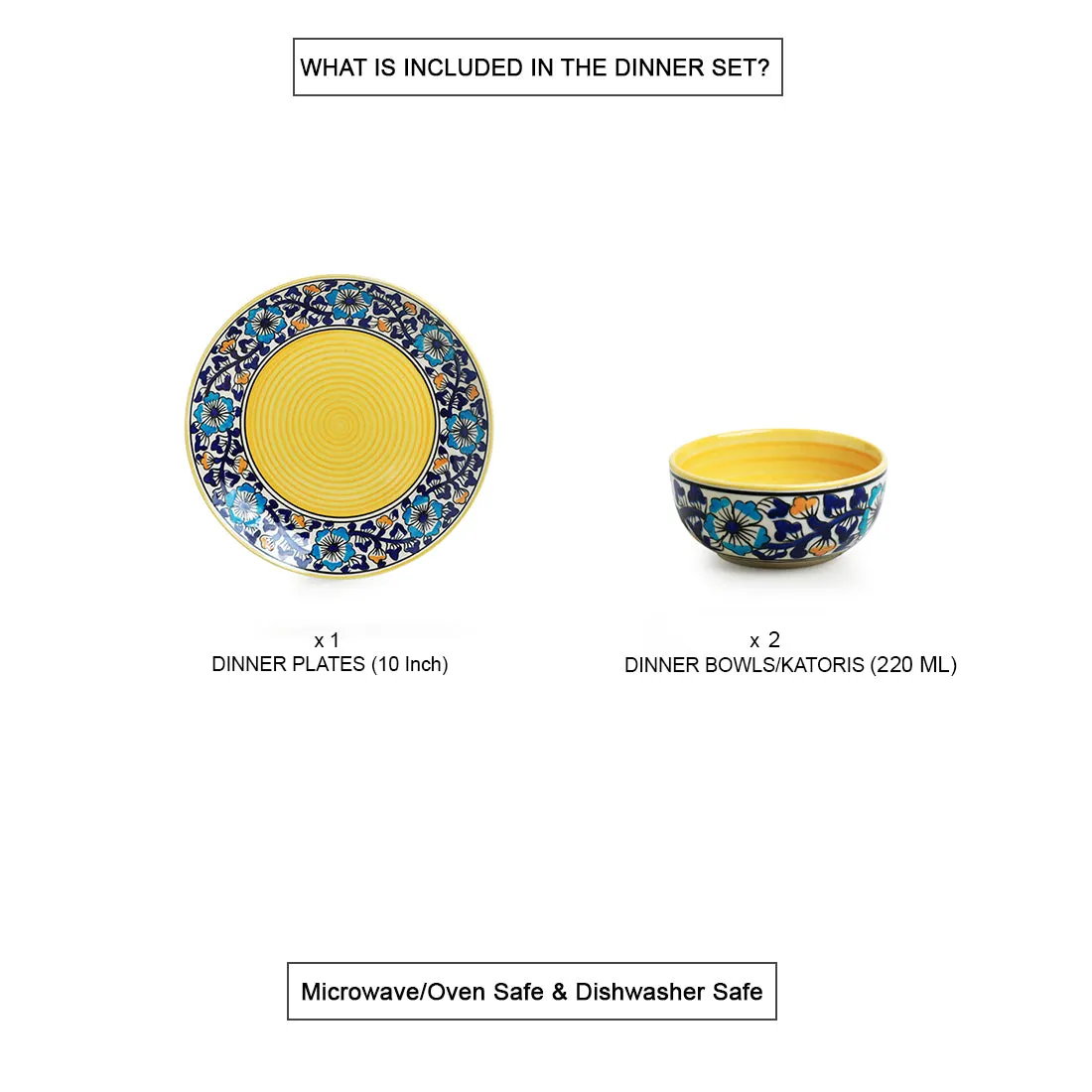 'Badamwari Bagheecha' Handpainted Ceramic Dinner Plate With Katoris (3 Pieces, Serving for 1, Microwave Safe)