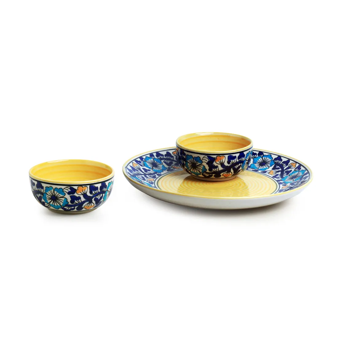'Badamwari Bagheecha' Handpainted Ceramic Dinner Plate With Katoris (3 Pieces, Serving for 1, Microwave Safe)
