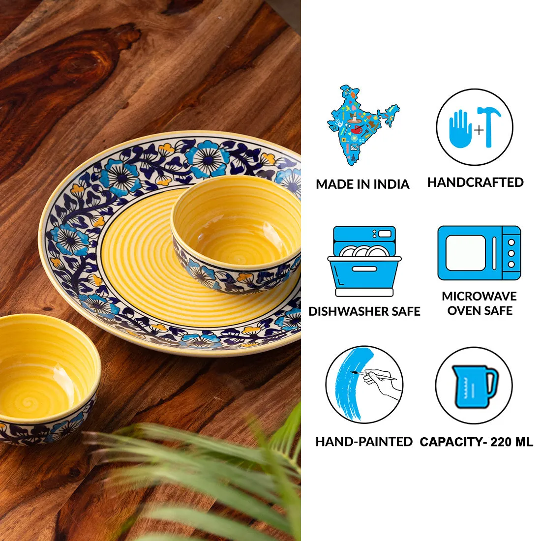 'Badamwari Bagheecha' Handpainted Ceramic Dinner Plate With Katoris (3 Pieces, Serving for 1, Microwave Safe)